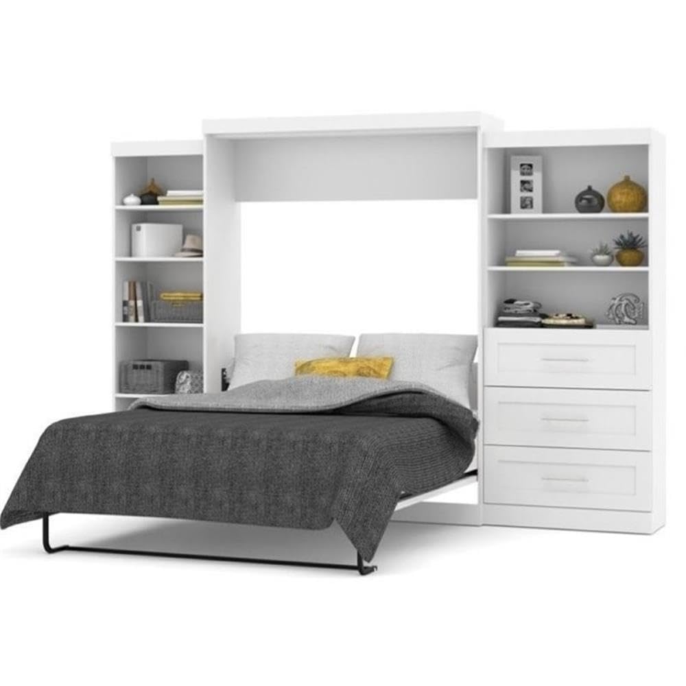 Pemberly Row Transitional Wood Queen Wall Bed with Storage in White - Space-Saving Murphy Bed for Small Apartments, Guest Rooms & Home Offices