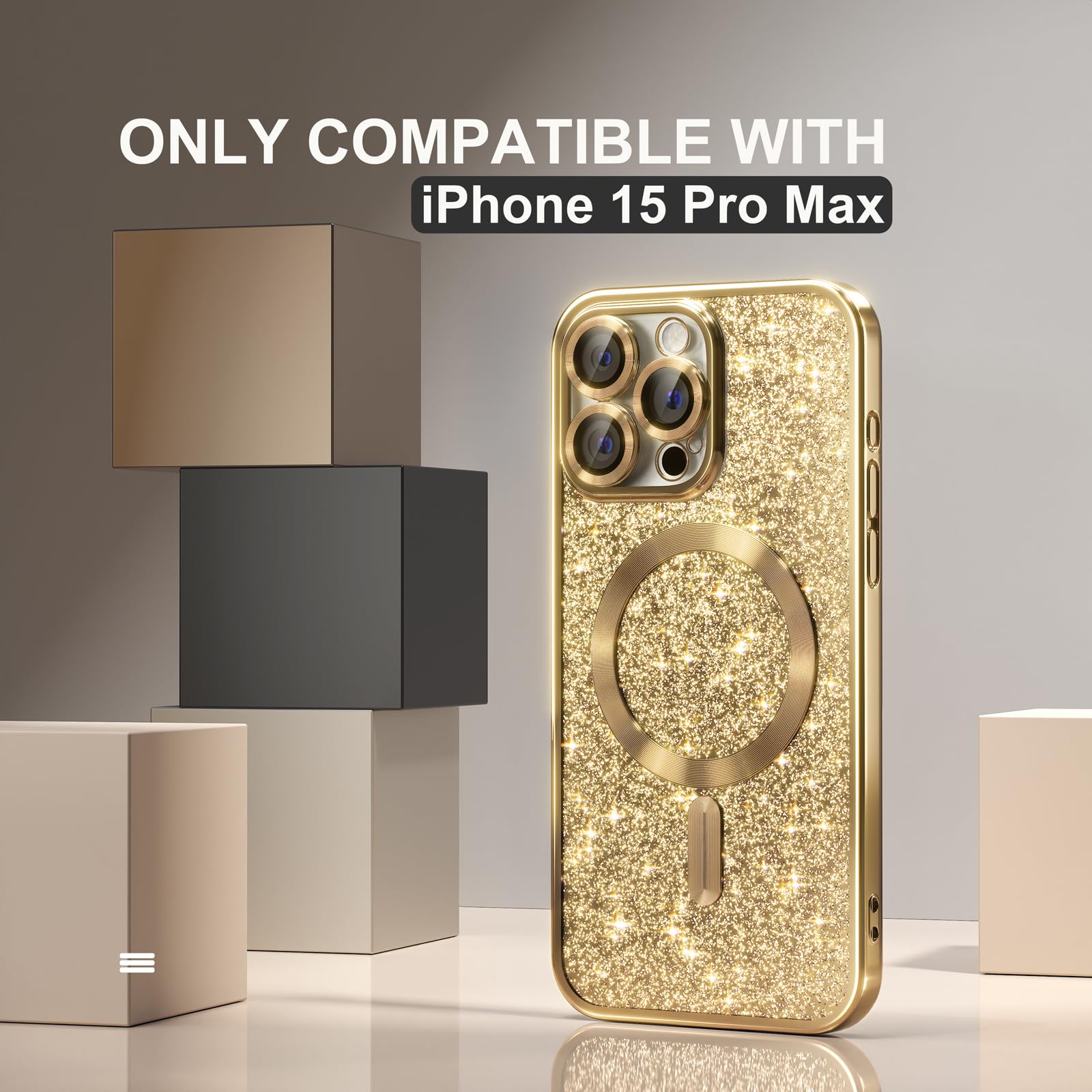 Misea Magnetic iPhone 15 Pro Max Case with MagSafe Compatibility | Military-Grade Drop Protection & Full Camera Lens Cover | Glitter Soft Phone Case for Women & Girls (Gold) | Perfect for Everyday Use, Travel & Outdoor Activities