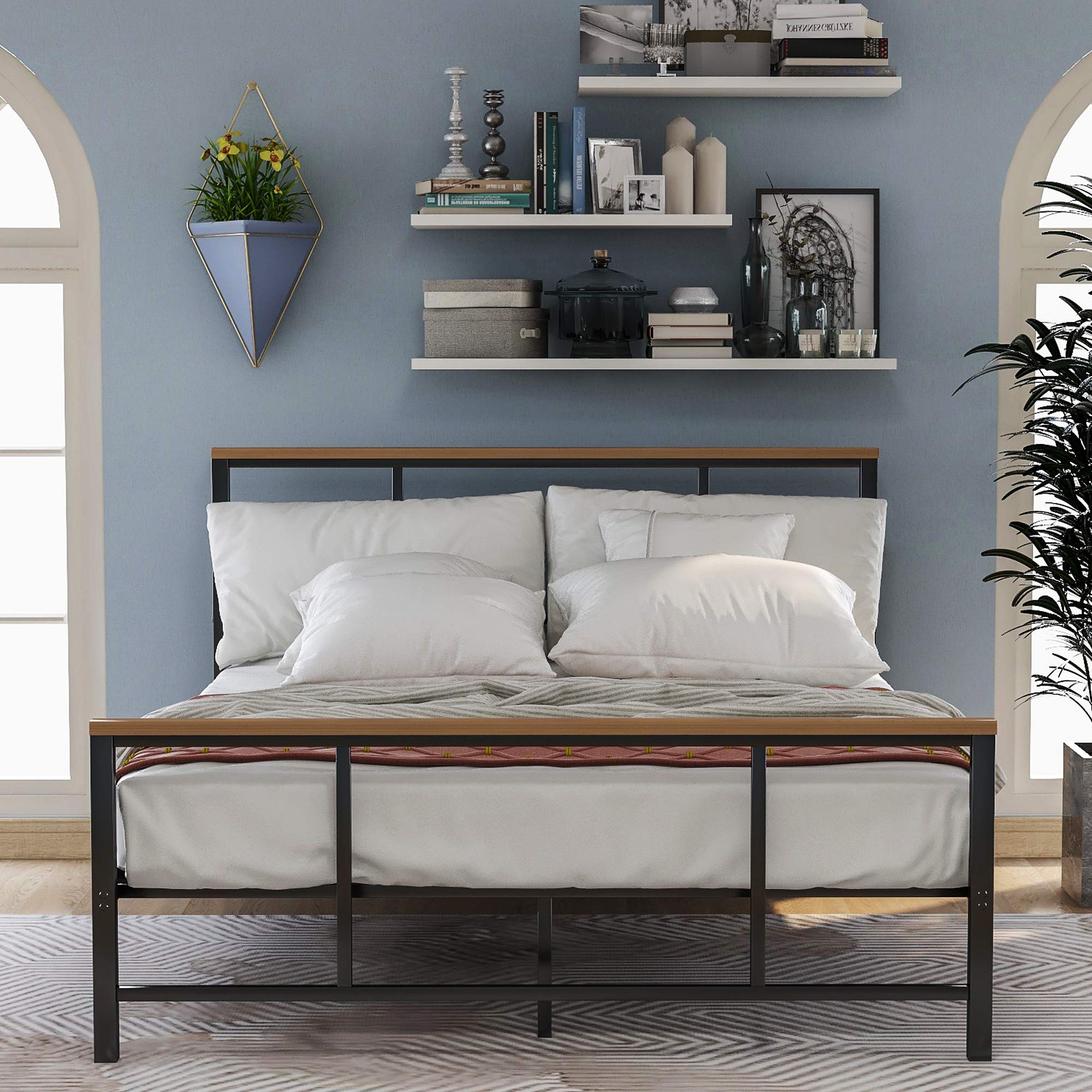 Kteam Twin Size Metal Platform Bed Frame with Wood Decoration - Sturdy Black Bed Frame for Kids Room, Guest Room & Small Spaces
