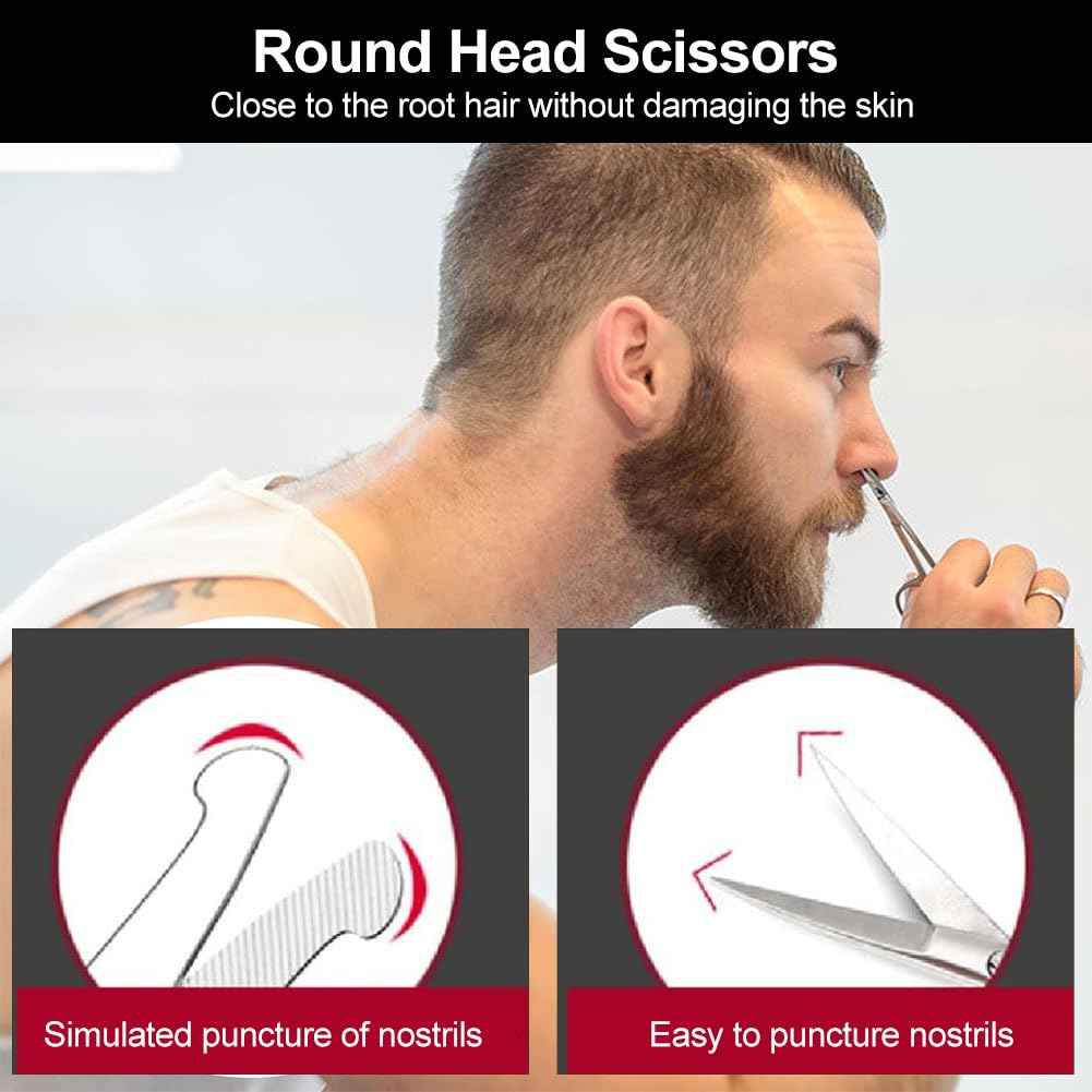 Professional Stainless Steel Nose & Eyebrow Scissors Set - 4-Piece Facial Hair Trimming Kit for Beard, Mustache, Ear & Nose Hair Grooming - Perfect for Home & Travel Use