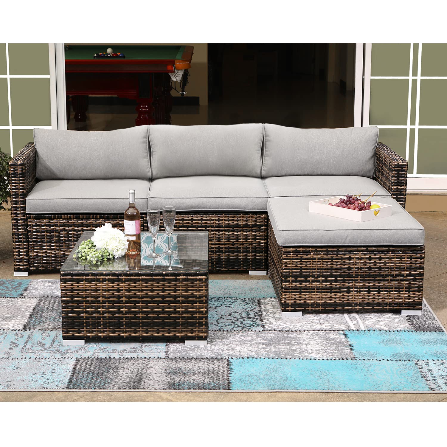 5-Piece All-Weather Wicker Patio Furniture Set - Mottlewood Brown Outdoor Sectional Sofa with Gray Cushions & Glass-Top Coffee Table | Perfect for Backyard, Poolside & Garden Relaxation