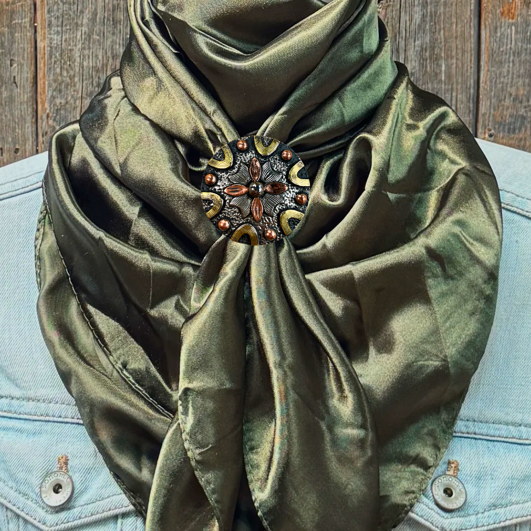 35x35 Inch Solid Olive Wild Rag Scarf - Western Concho Wild Rag Slides for Cowboy & Cowgirl Outfits - Perfect for Rodeo, Horse Riding & Outdoor Adventures