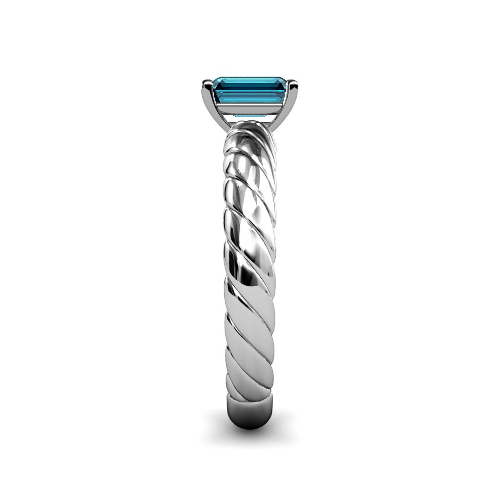 London Blue Topaz 7x5mm Emerald Cut Solitaire Rope Engagement Ring - 0.90 Carat 14K White Gold Wedding Band for Women - Perfect for Proposals, Anniversaries & Special Occasions