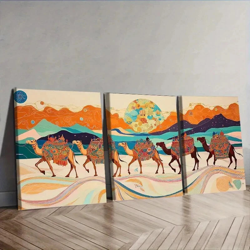 3-Piece Caravan of Camels Wall Art Set - Framed Canvas Paintings 40x60cm - High Quality Australian-Made Prints - Ready to Hang Desert Theme Decor for Living Room, Bedroom & Office