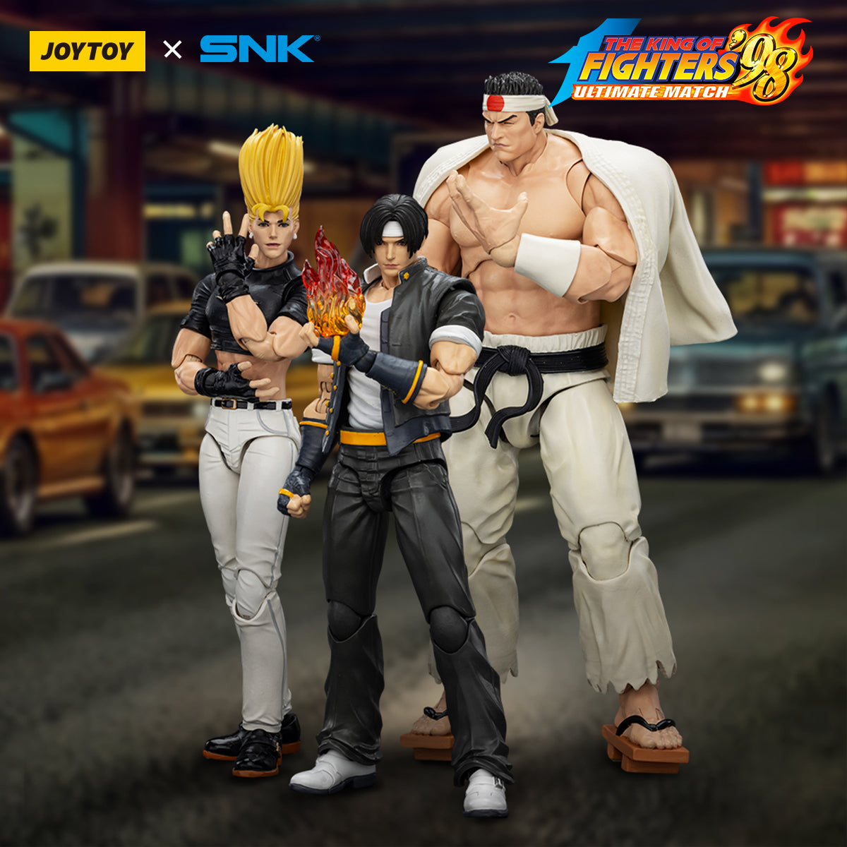 Pre Order JOYTOY 1/18 Scale SNK KOF 98UM Hero Team Action Figures Set - Kyo Kusanagi, Goro Daimon & Benimaru Nikaido Collectible Model for Fighting Game Fans and Anime Collectors | Perfect for Display, Gifts and Role Play Battles