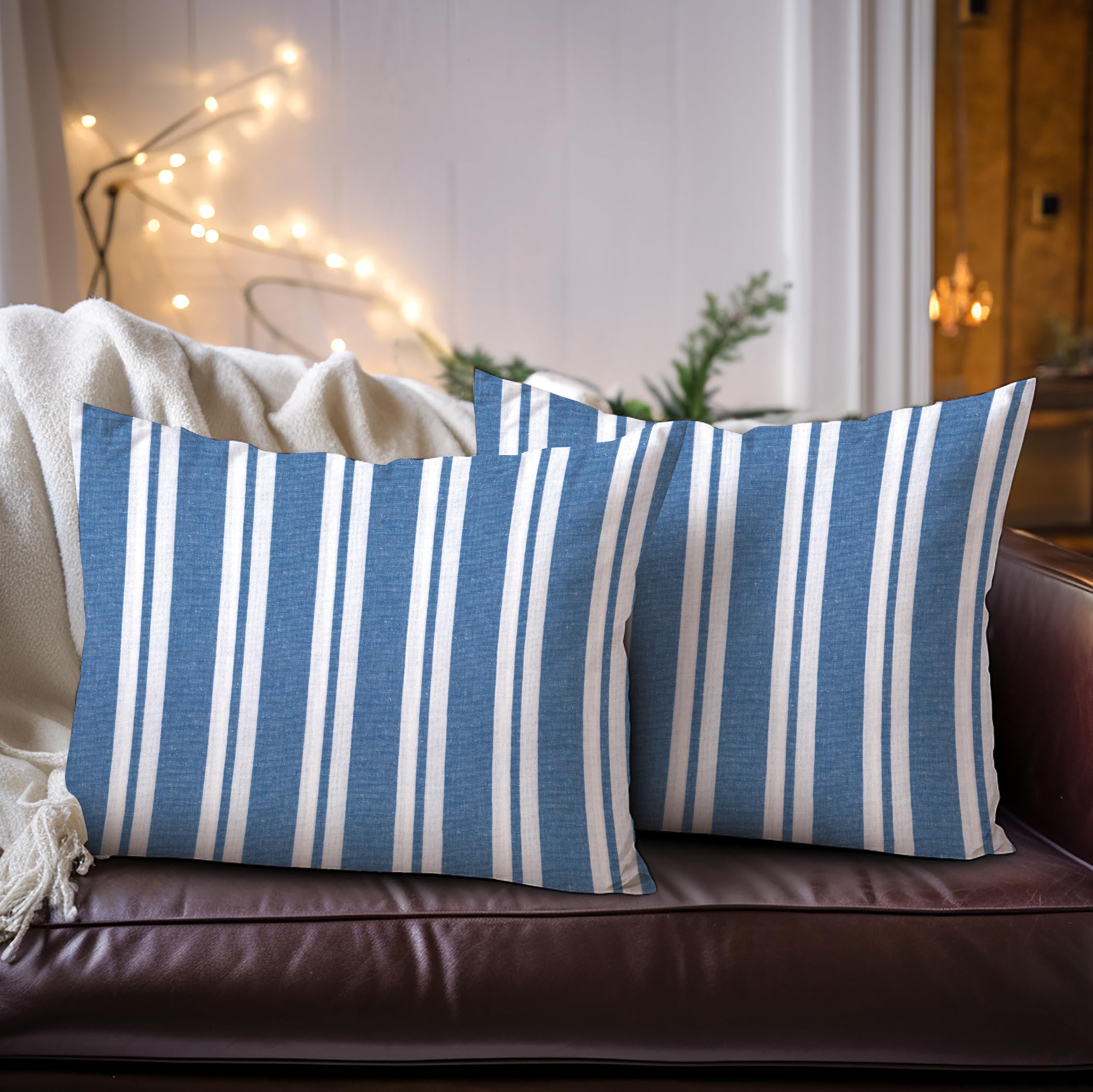 Encasa XO Farmhouse Throw Pillow Covers Set of 2 - 12x20 Inch Blue Striped Decorative Cushion Covers | No Inserts | Plaid & Striped Pillow Covers for Living Room, Couch, Sofa, Bedroom | Farmhouse Decor, Home Accent, Cozy Living Room Accessories