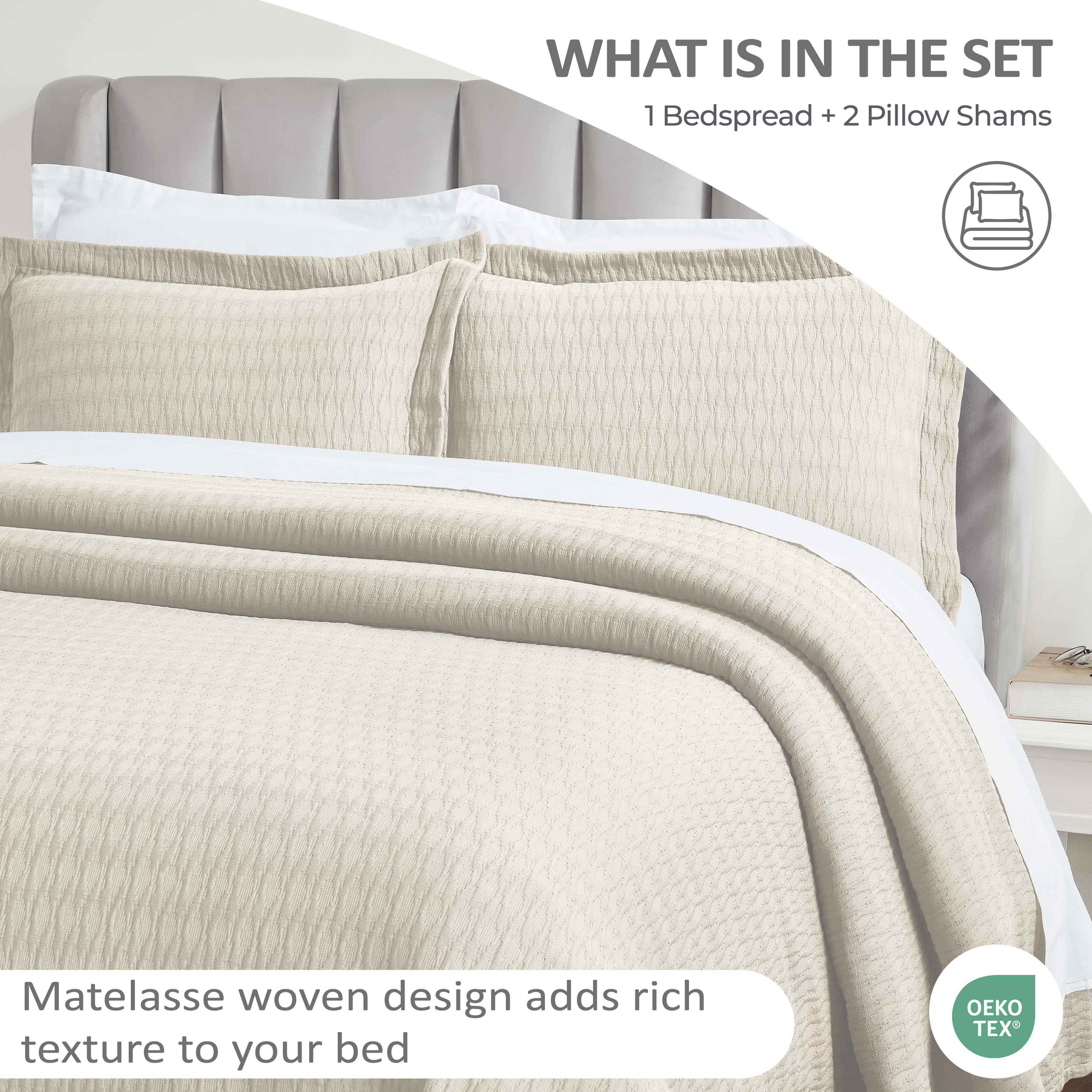 Calvert Cotton Medium Weight Geometric Matelasse Bedspread Set - Queen Size Luxury Bedding for Modern Bedrooms | Perfect for Master Bedroom, Guest Room & Dorm Decor