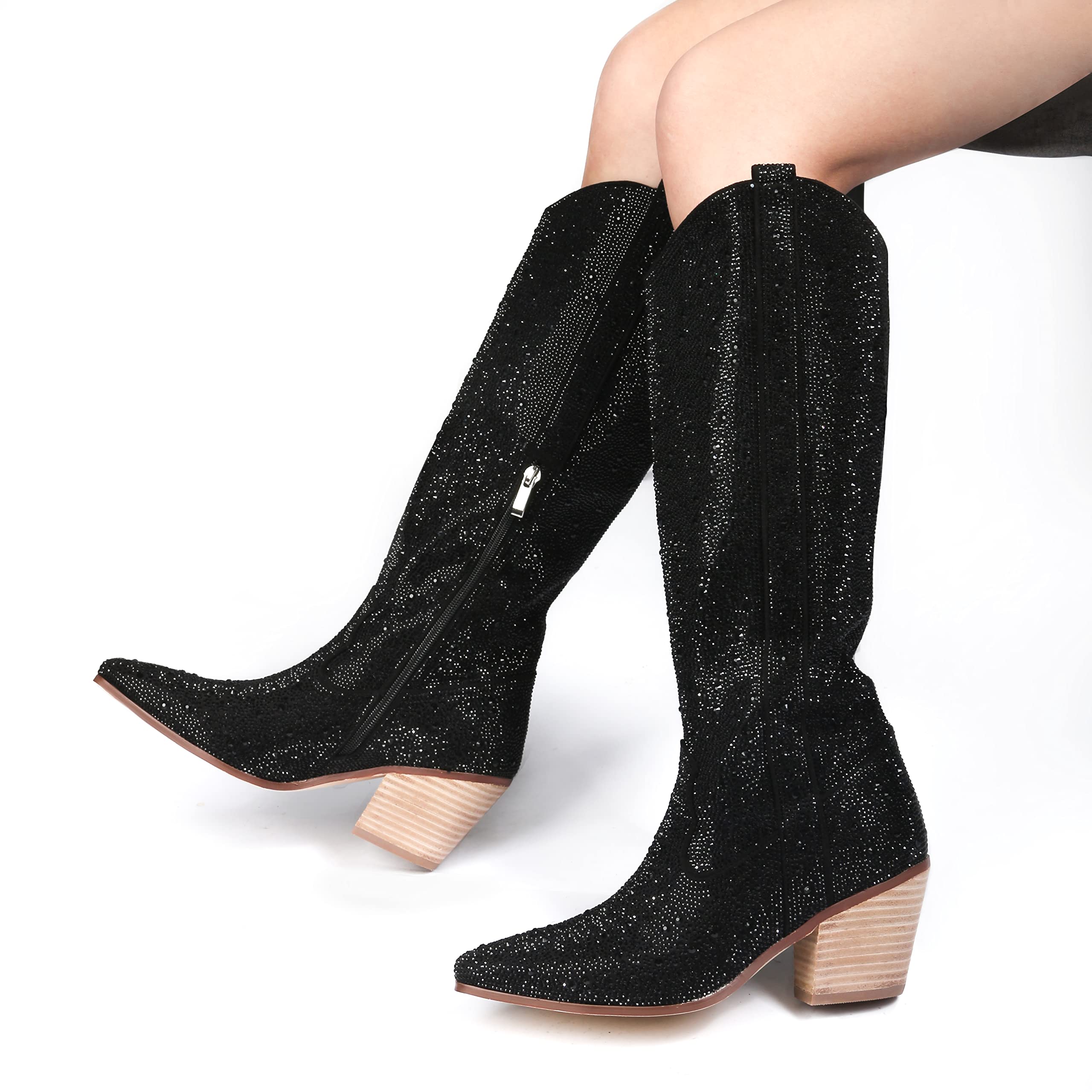 MUCCCUTE Women's Rhinestone Sparkly Cowboy Boots - Mid Calf Glitter Boots with Block Heel for Country Music Festivals & Night Out Parties