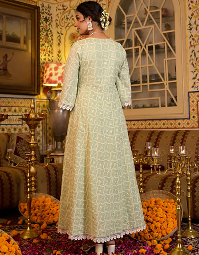 Pista Green Pure Cotton Angrakha Anarkali Kurta Trouser with Dupatta Set | Traditional Indian Ethnic Wear for Women | Perfect for Festivals, Weddings & Special Occasions