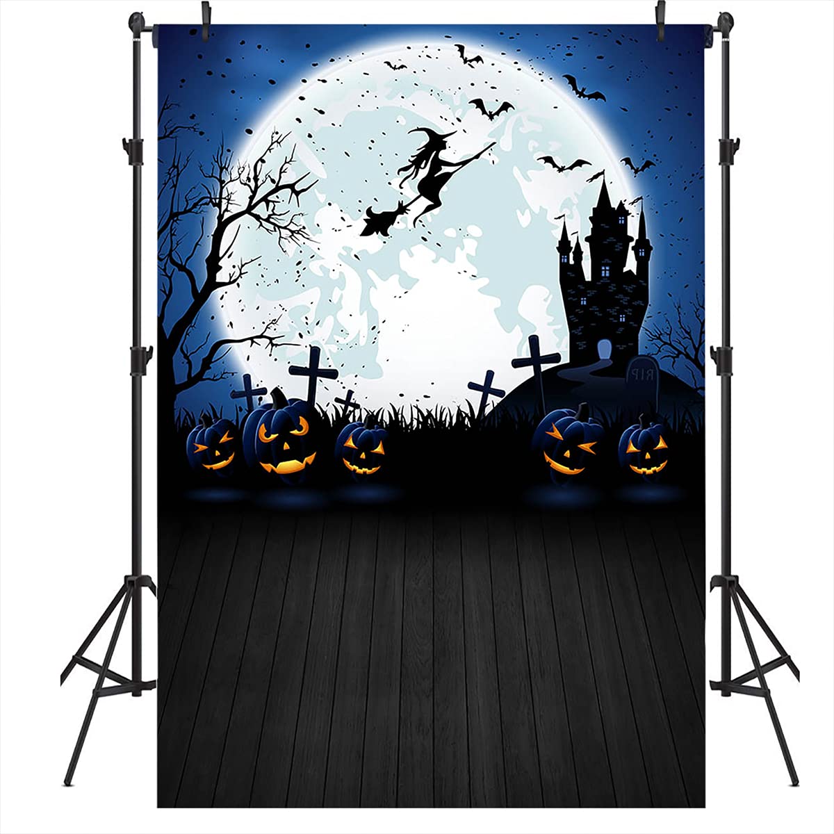 Halloween Party Backdrop - 6x8ft Full Moon Pumpkin Bat Graveyard Scene Photography Background for Spooky Decor, Rustic Wooden Vinyl Halloween Party Decorations - Perfect for Halloween Parties, Photo Booths & Themed Events