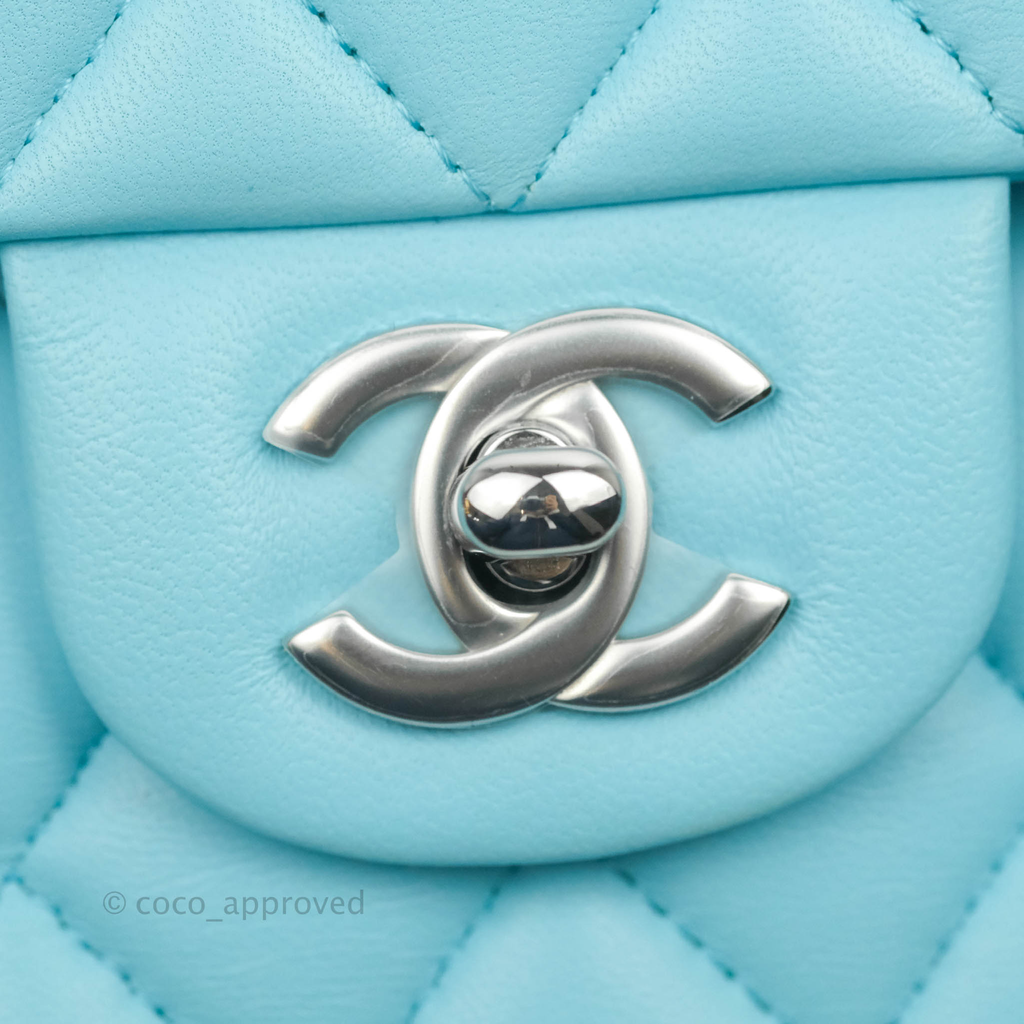 Chanel Classic Medium Double Flap Bag in Tiffany Neon Blue Lambskin with Silver Hardware 21S Collection - Perfect for Evening Events & Luxury Fashion Accessories