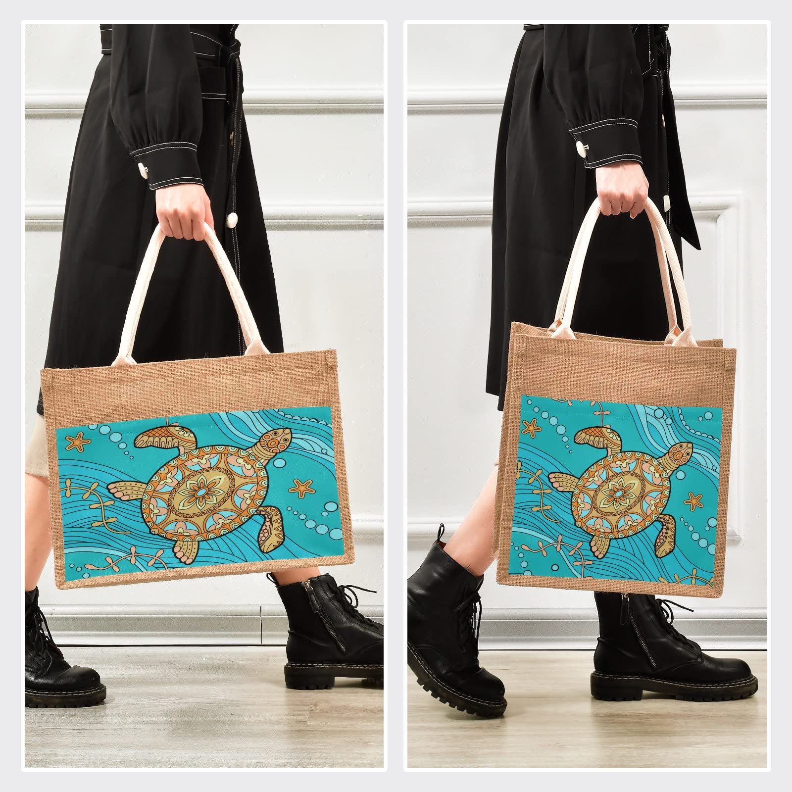 CaTaKu Large Sea Turtle Paisley Jute Tote Bag with Zipper & Handles - 17x13 Inch Eco-Friendly Grocery Shopping Bag with Front Canvas Pocket - Stylish Reusable Gift Bag for Women - Perfect for Beach, Market & Daily Use