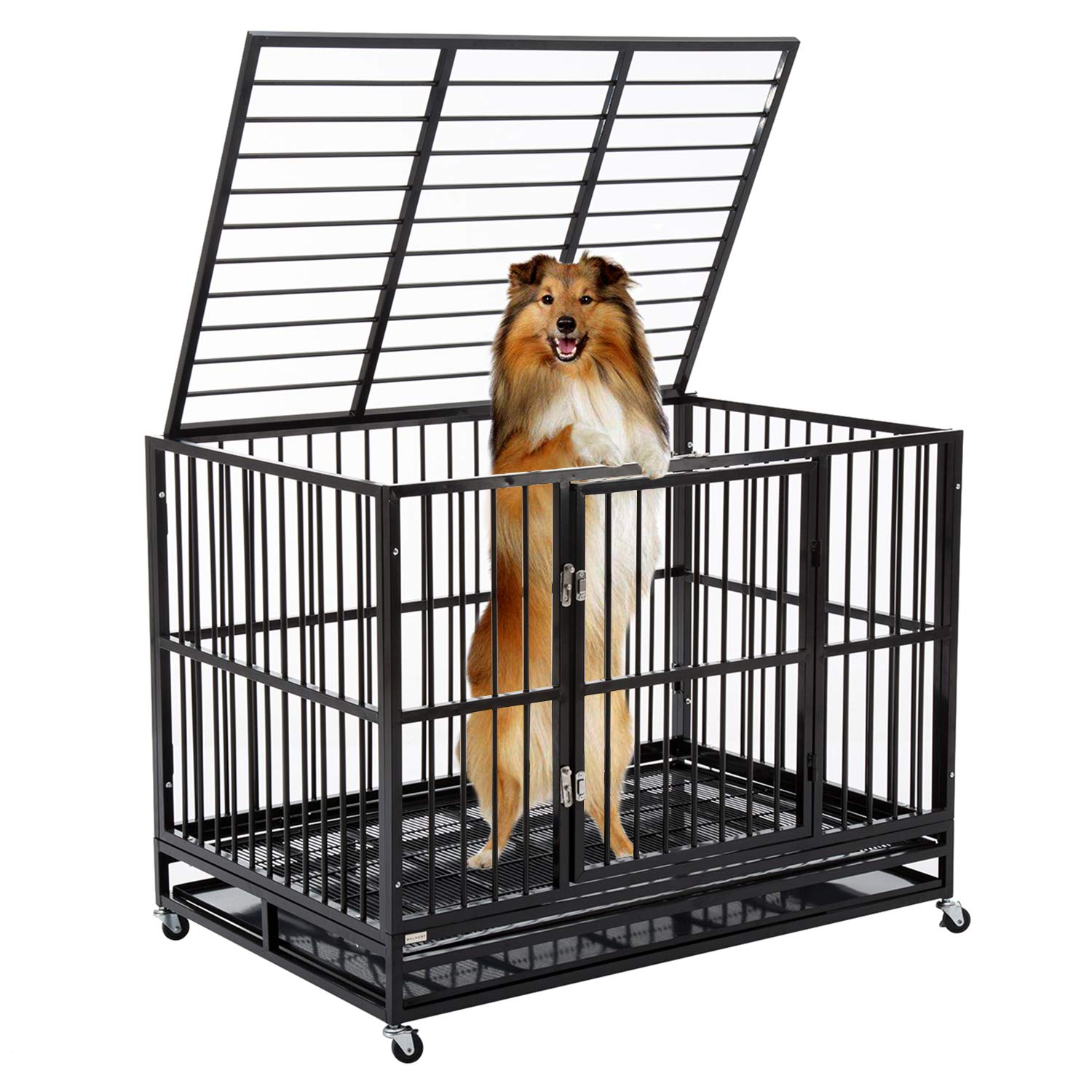 WALCUT 48'' Heavy Duty Metal Dog Crate - Large Indoor/Outdoor Collapsible Dog Kennel with 2 Doors, Removable Tray & Lockable Wheels - Perfect for Home, Travel & Vet Visits