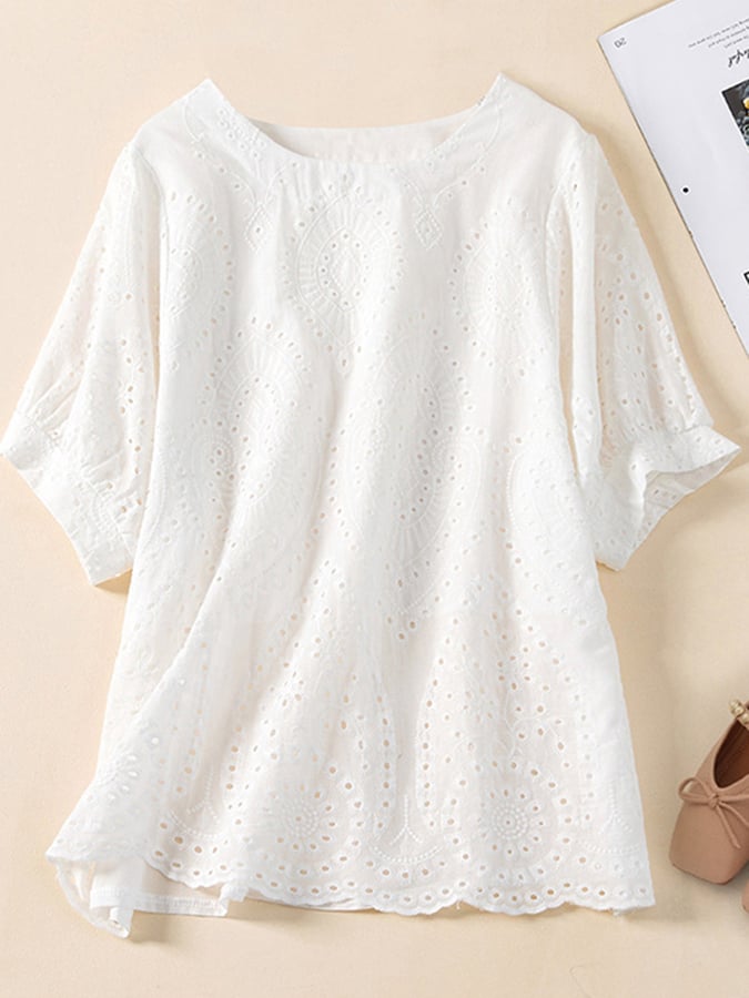 Vintage Cotton Embroidered Shirt for Women - Hollow & Solid Design - Boho Chic Blouse for Casual Wear, Date Night & Office Outfits