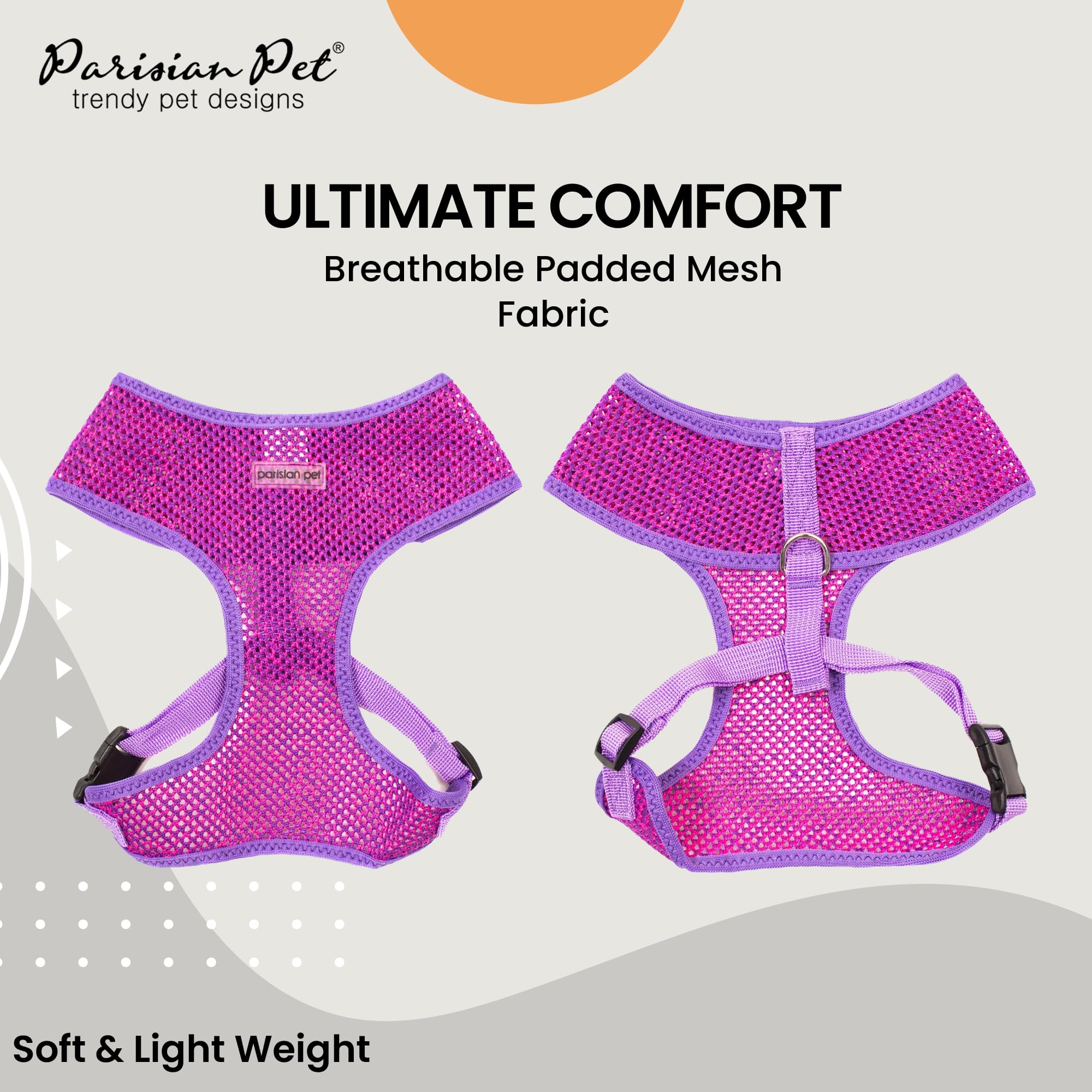 Parisian Pet Girl Dog Harness - Soft Padded Purple/Pink Mesh Vest for Small Dogs - Breathable & Cooling Dog Harness for Walking, Running, Hiking - Adjustable Puppy Harness XS - Perfect for Outdoor Adventures & Summer Activities