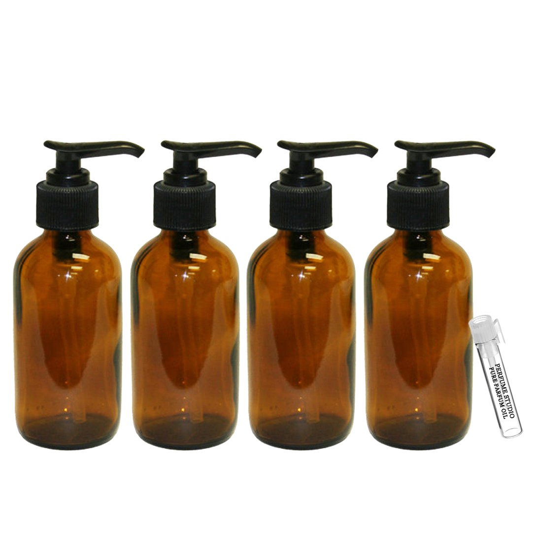 4oz Amber Glass Pump Bottles - Set of 4 Dark UV Protection Bottles with Black Dispenser Pumps & Free Perfume Oil Sample Vial | Perfect for Essential Oils, DIY Skincare, and Travel-Sized Toiletries