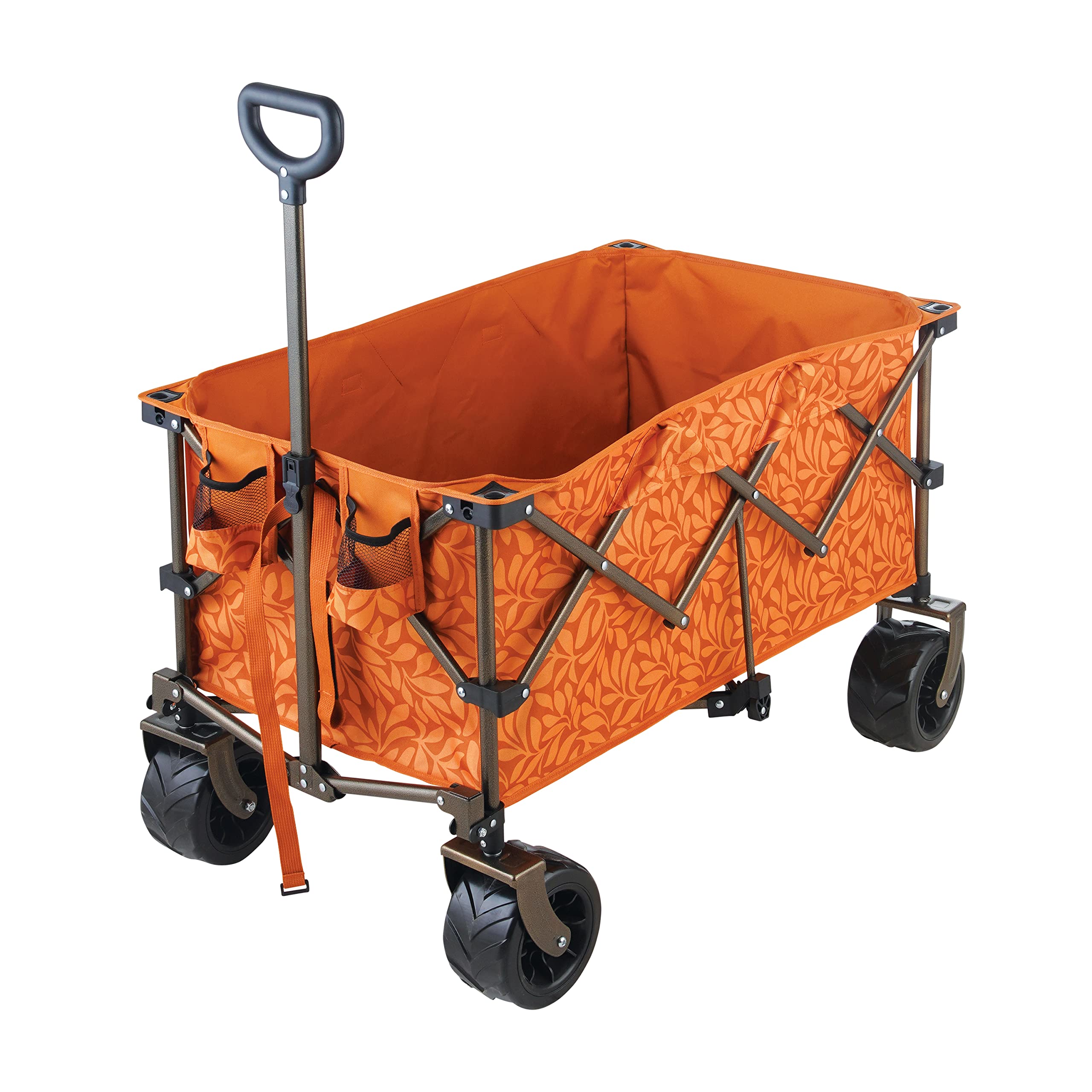 Bliss Hammocks BHW-100-AL 36 Inch Foldable Beach Cart with Storage Pouch, Cup Holders & Swivel Wheels - Heavy Duty Waterproof Utility Wagon for Sand, Camping, Picnics (175 lb Capacity, Amber Leaf) - Perfect for Beach Trips, Tailgating and Outdoor Adventures