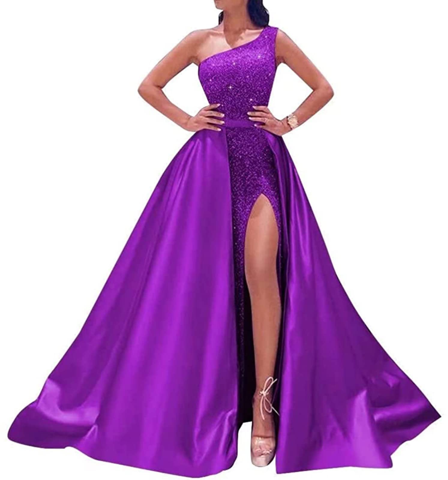 S Marlene Women's Sparkly Sequin Satin One Shoulder Prom Dress 2024 - Long Ball Gown Formal Evening Dress with Thigh High Slit - Perfect for Homecoming, Quinceañera, Wedding & Red Carpet Events