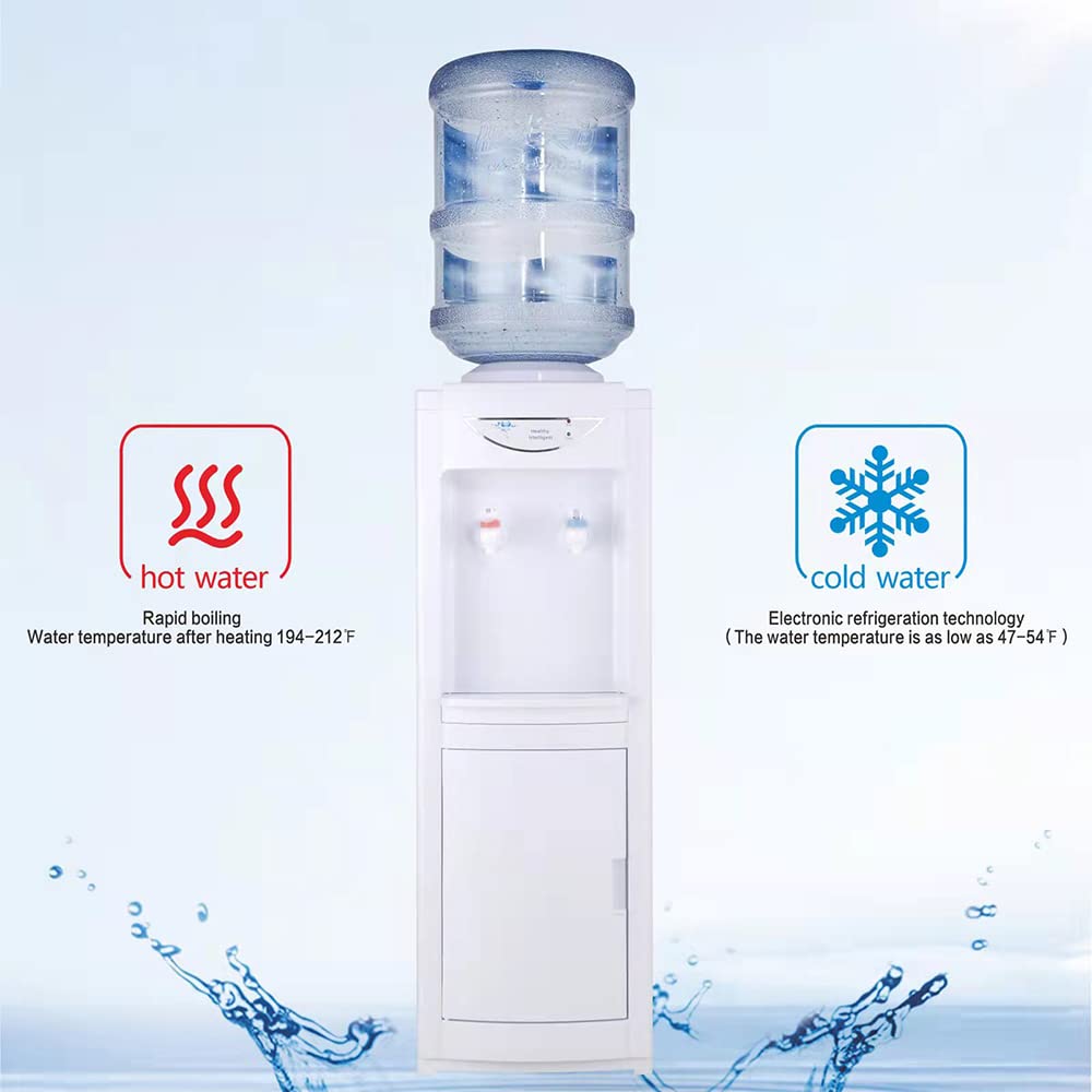 5 Gallon Top Loading Water Cooler Dispenser with Hot & Cold Water - Child Safety Lock & Storage Cabinet for Home, Office & Indoor Use (White) - Perfect for Hydration in Workplaces, Schools & Family Kitchens