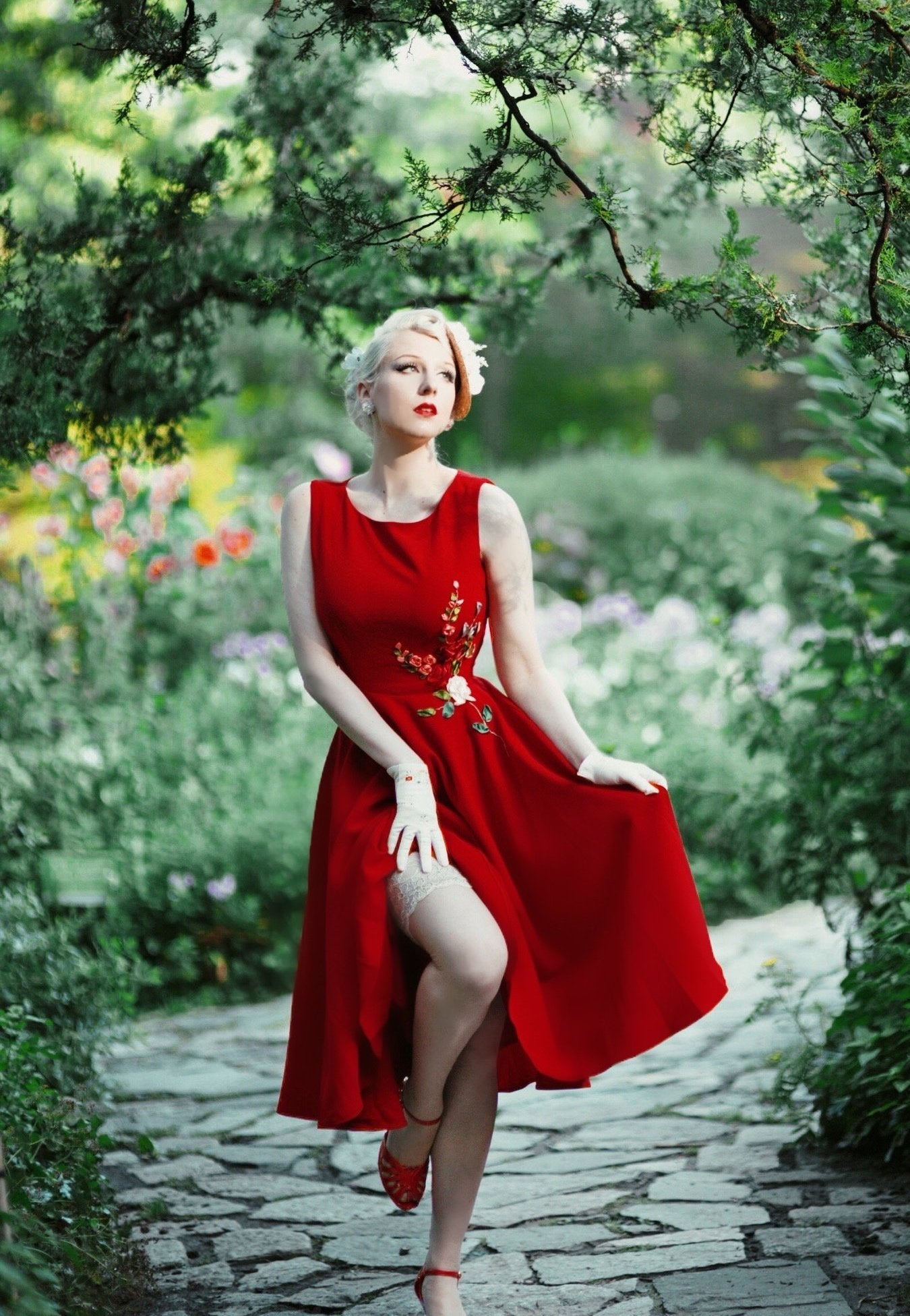 Elegant 3D Ribbon Embroidery Dress with Red Camellia Design - Perfect for Weddings, Parties & Special Occasions