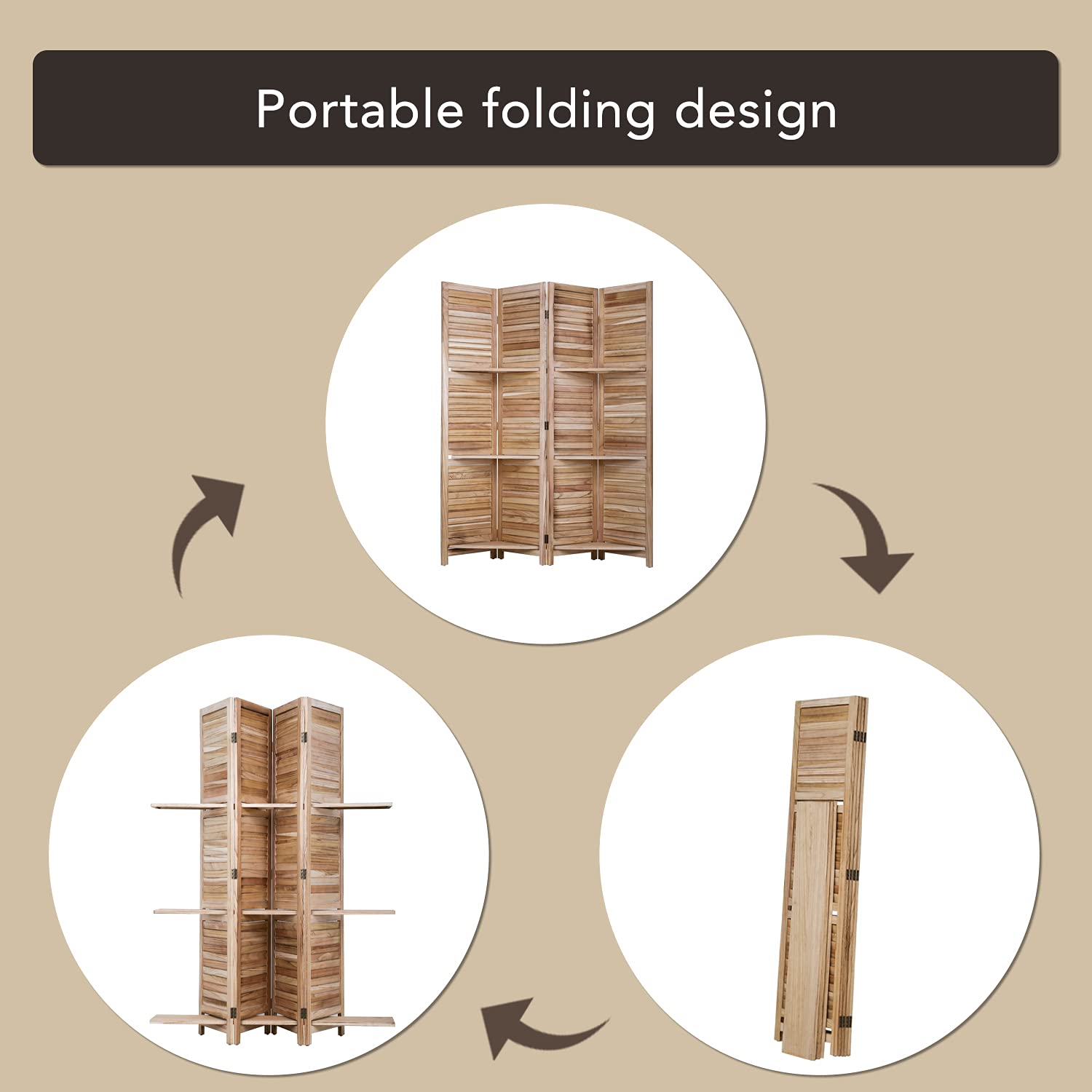 4-Panel Wooden Room Divider - Freestanding Folding Privacy Screen with Removable Storage Shelves | Portable Partition Wall for Home Office & Living Room (Natural Finish) - Perfect for Creating Private Spaces in Studios, Apartments and Workspaces