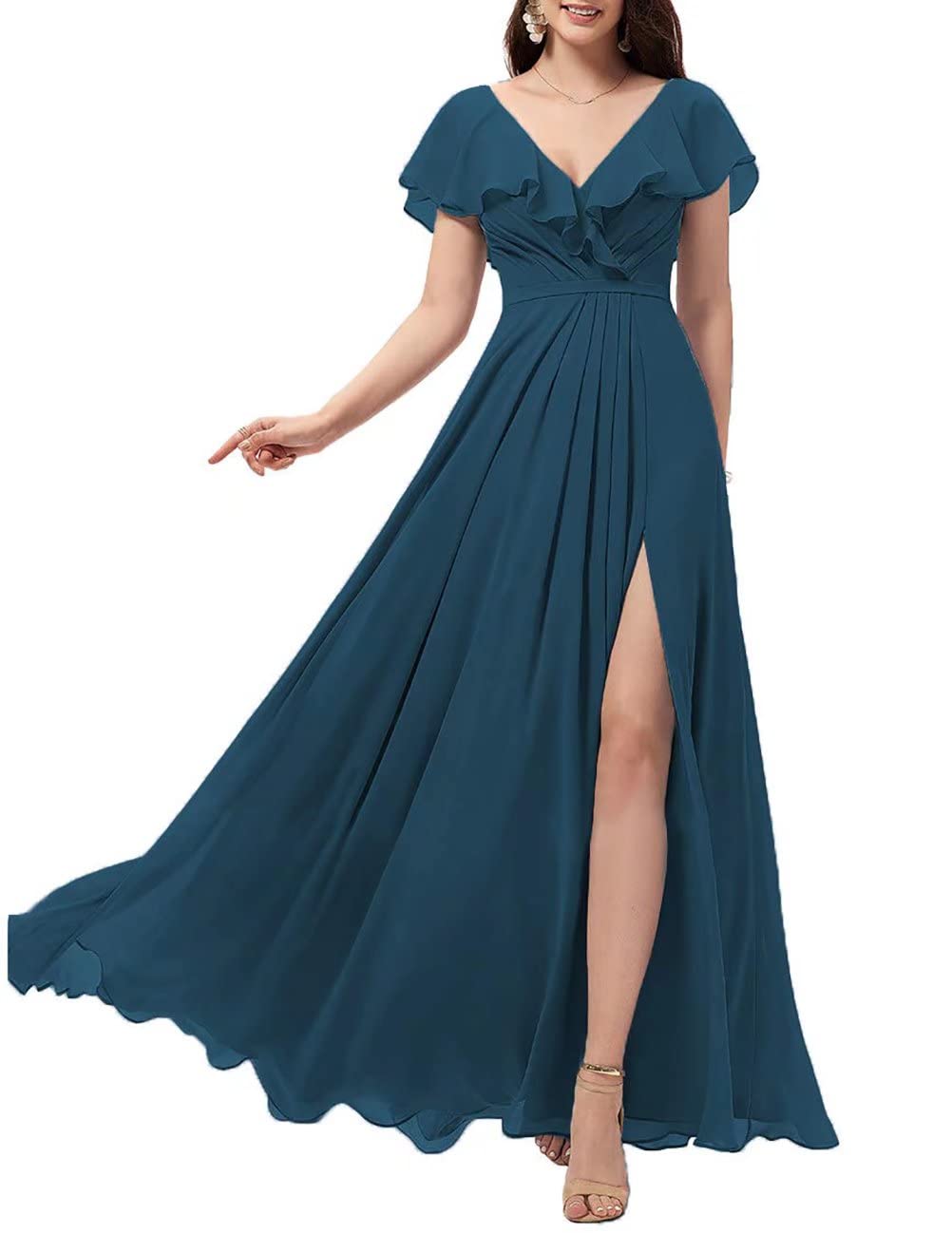 SoDigne Women's Elegant Ruffle Sleeve V-Neck Long Chiffon Bridesmaid Dress with High Slit - Perfect for Evening Parties, Weddings & Formal Events