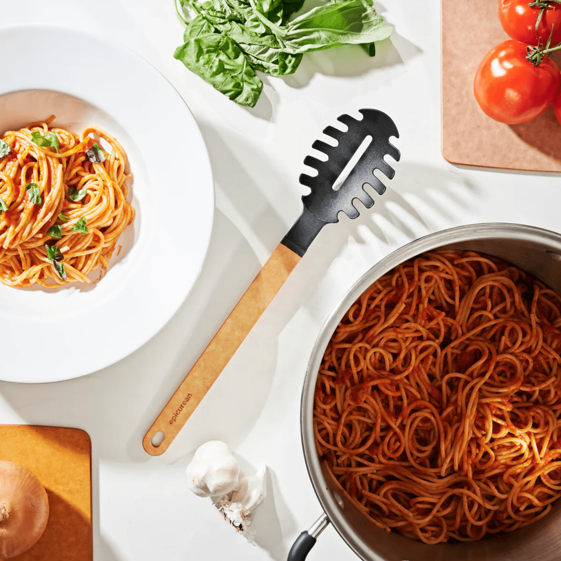 Premium Epicurean Gourmet Pasta Server - Stainless Steel Pasta Spoon with Ergonomic Handle - Perfect for Italian Cuisine, Dinner Parties & Restaurant Use