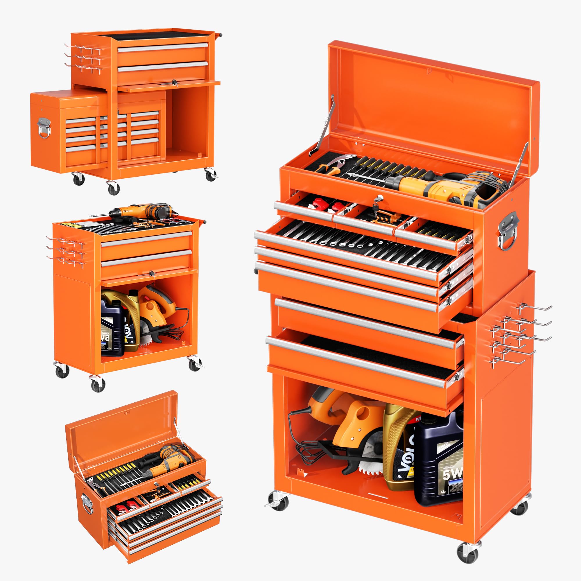 8-Drawer High Capacity Rolling Tool Chest with Wheels & Large Cabinet - 2-in-1 Detachable Steel Tool Storage for Garage, Workshop, Barbershop, Home DIY - Heavy Duty Mobile Tool Organizer (Orange)