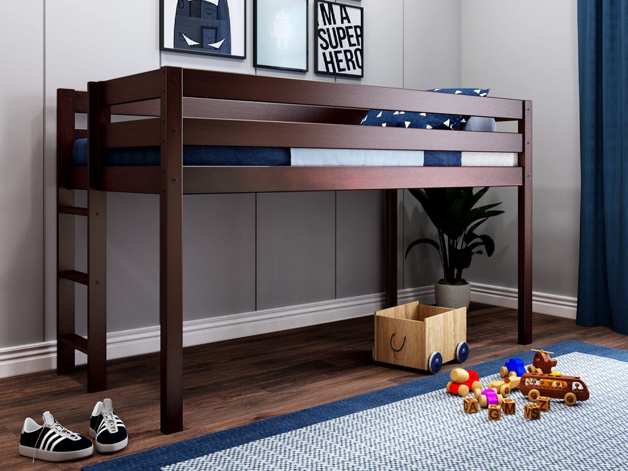 Modern Low Loft Twin Bed with End Ladder in Cherry Finish - Space-Saving Kids & Teen Bedroom Furniture for Small Rooms, Dorms & Apartments