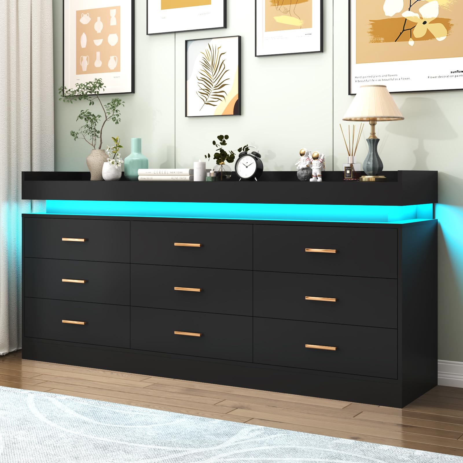 9-Drawer LED Dresser with USB Charging Station - Modern Black Chest of Drawers for Bedroom, Closet & Entryway - Spacious Storage Cabinet with Wide Drawers for Clothes, Accessories & Home Organization - Perfect for Small Spaces, Apartments & Dorm Rooms