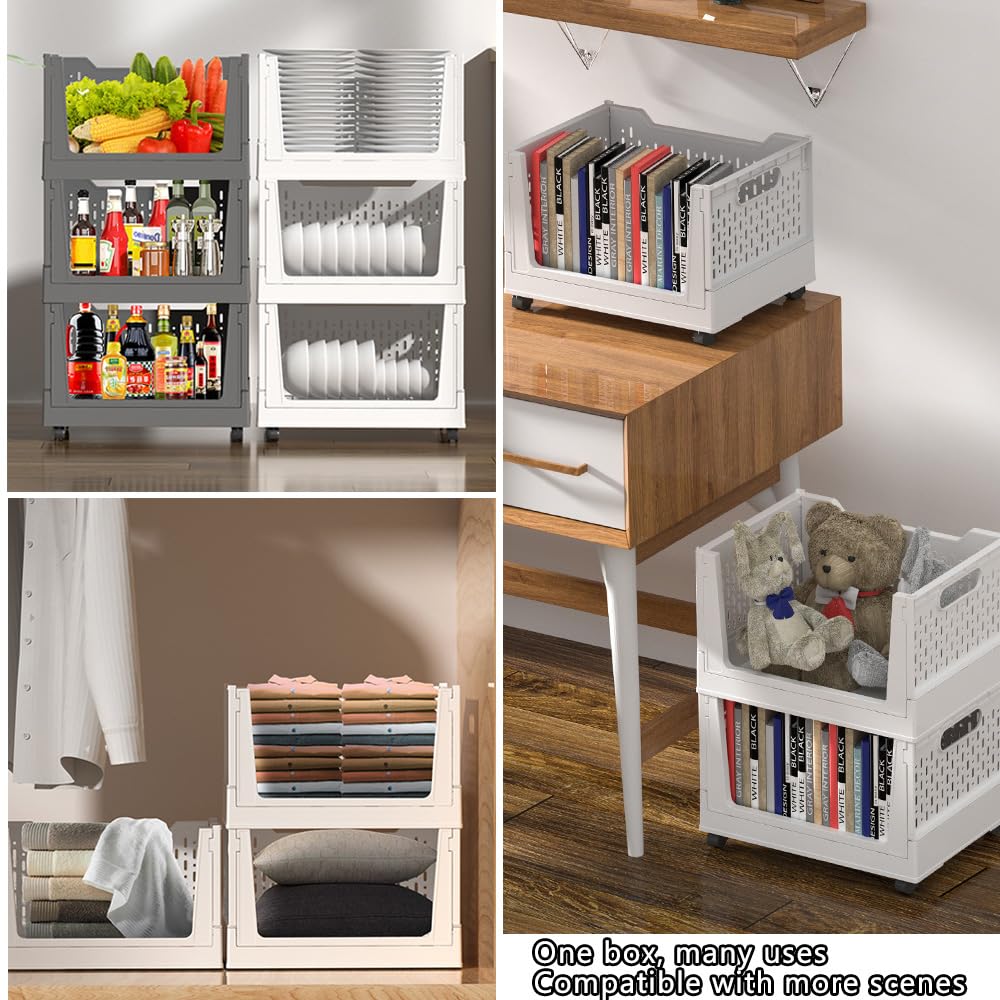 Stackable Plastic Storage Baskets with Wheels - 3 Pack Organizer Bins for Closet, Office, Bedroom, Wardrobe & Kitchen - White Storage Containers for Shelves & Drawers - Perfect for Home Organization & Space Saving
