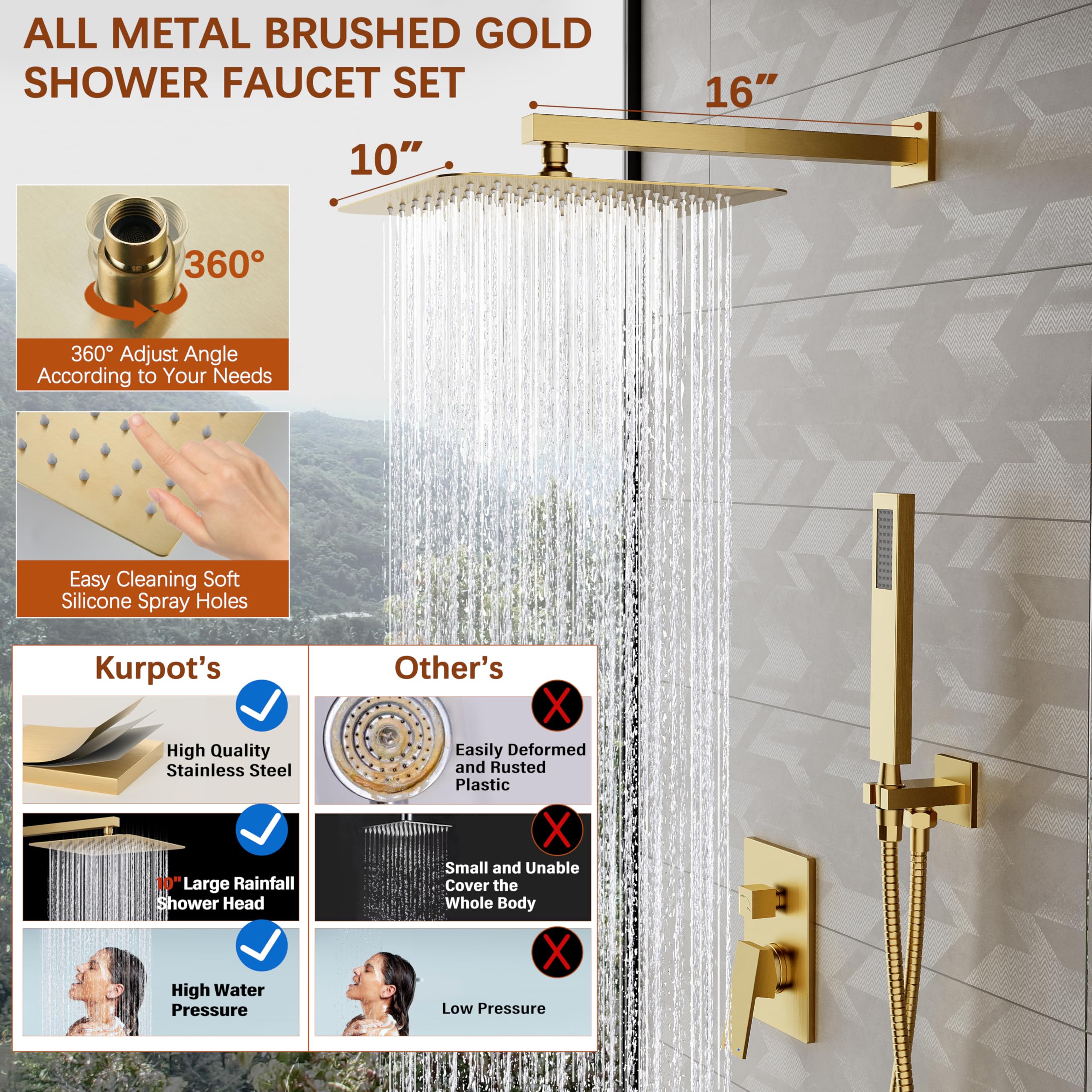 Brushed Gold Shower System - 10 Inch Square Rainfall Shower Head with Handheld Spray Combo, Wall Mounted Bathroom Faucet Set Includes Valve, 59