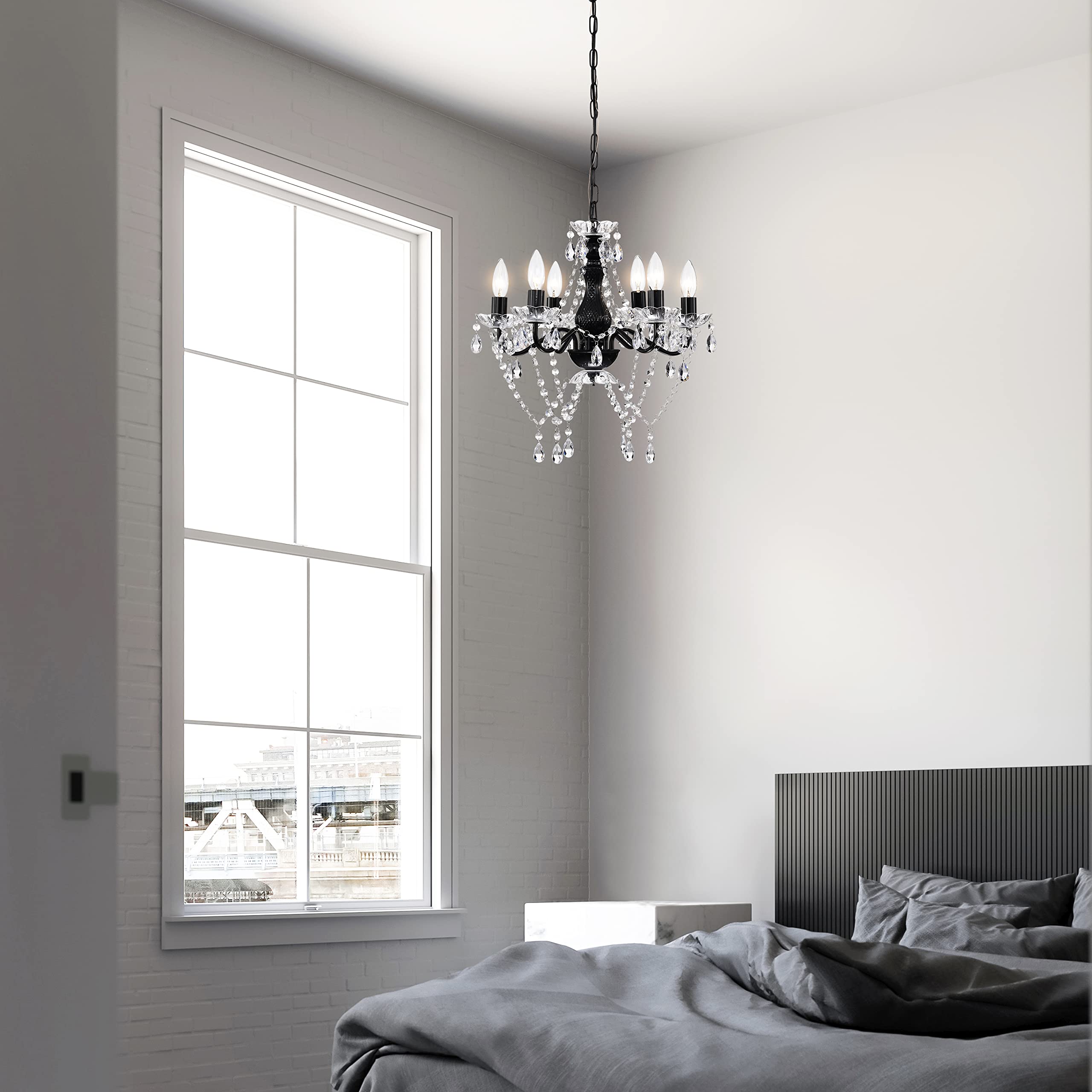 Modern Black Crystal Chandelier - 6-Light Candle Style Lighting Fixture for Dining Room, Living Room & Bedroom | Elegant Ceiling Light for Home Decor, Wedding Venues & Restaurants