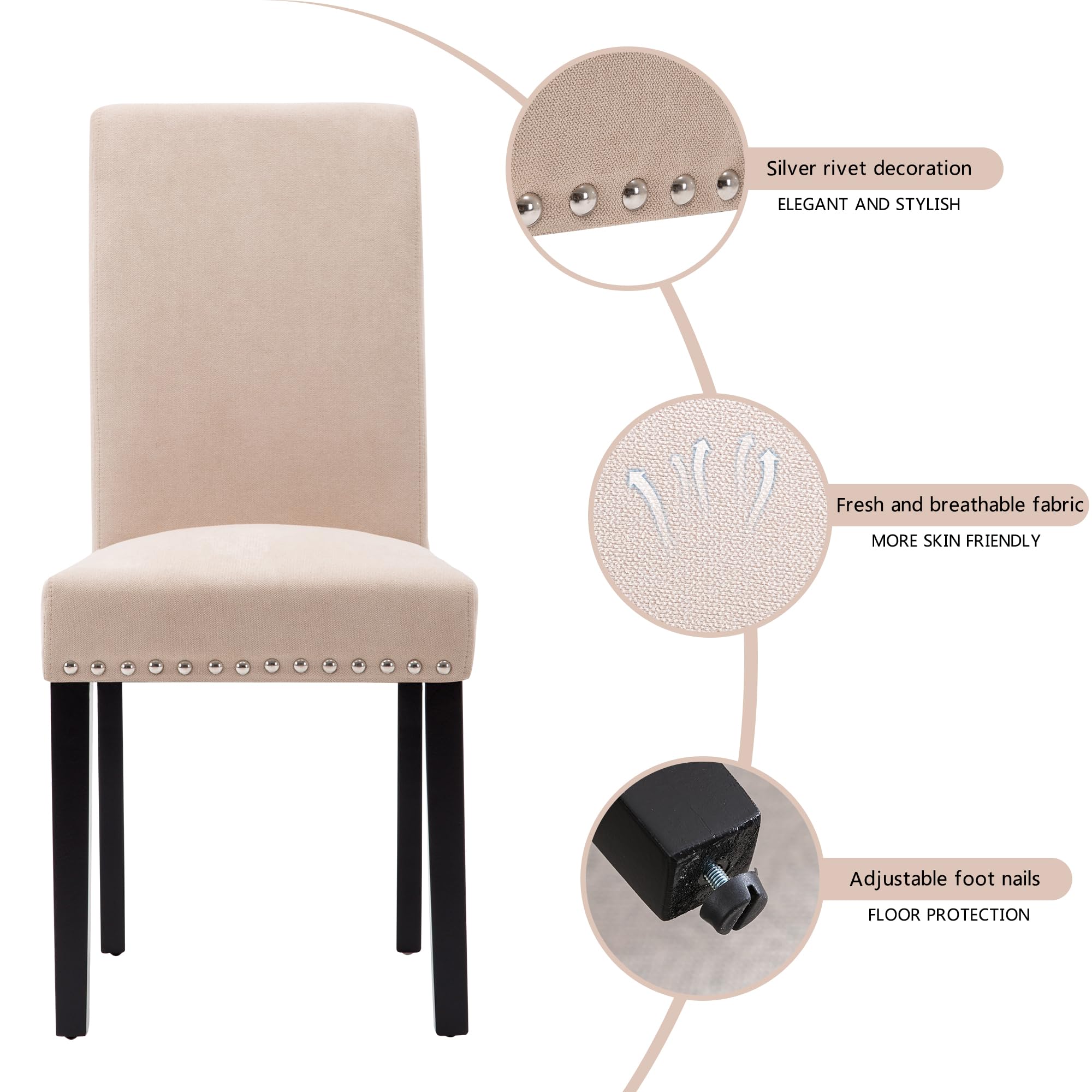 GOTMINSI 4-Piece Upholstered Dining Chair Set - Beige Padded Parson Kitchen Chairs with Silver Nail Accents & Solid Wood Legs for Dining Room, Kitchen, Breakfast Nook, and Home Decor