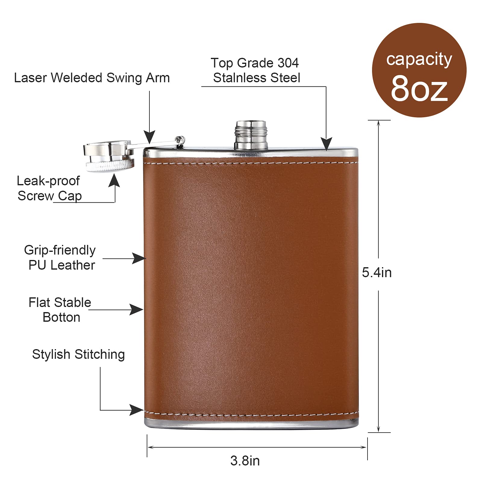 Premium 8 Oz Stainless Steel Leather Hip Flask with Funnel - Great for Whiskey, Bourbon & Liquor - Perfect Gift Set for Men, Camping, Weddings & Parties (Set of 8) - Durable & Leakproof for Outdoor Adventures & Special Occasions