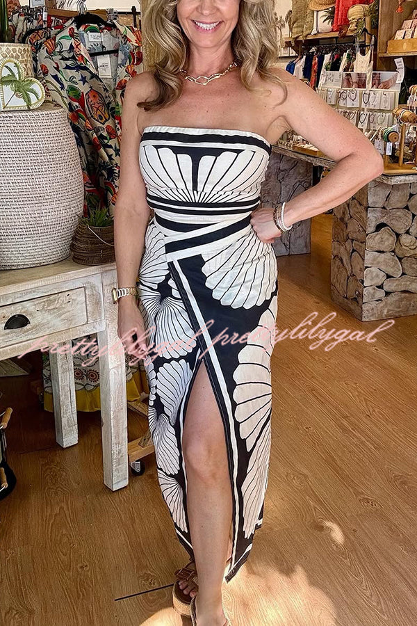 Sexy Off-the-Shoulder Shell Print Midi Dress with High Slit - Perfect for Beach Vacations, Date Nights & Summer Parties