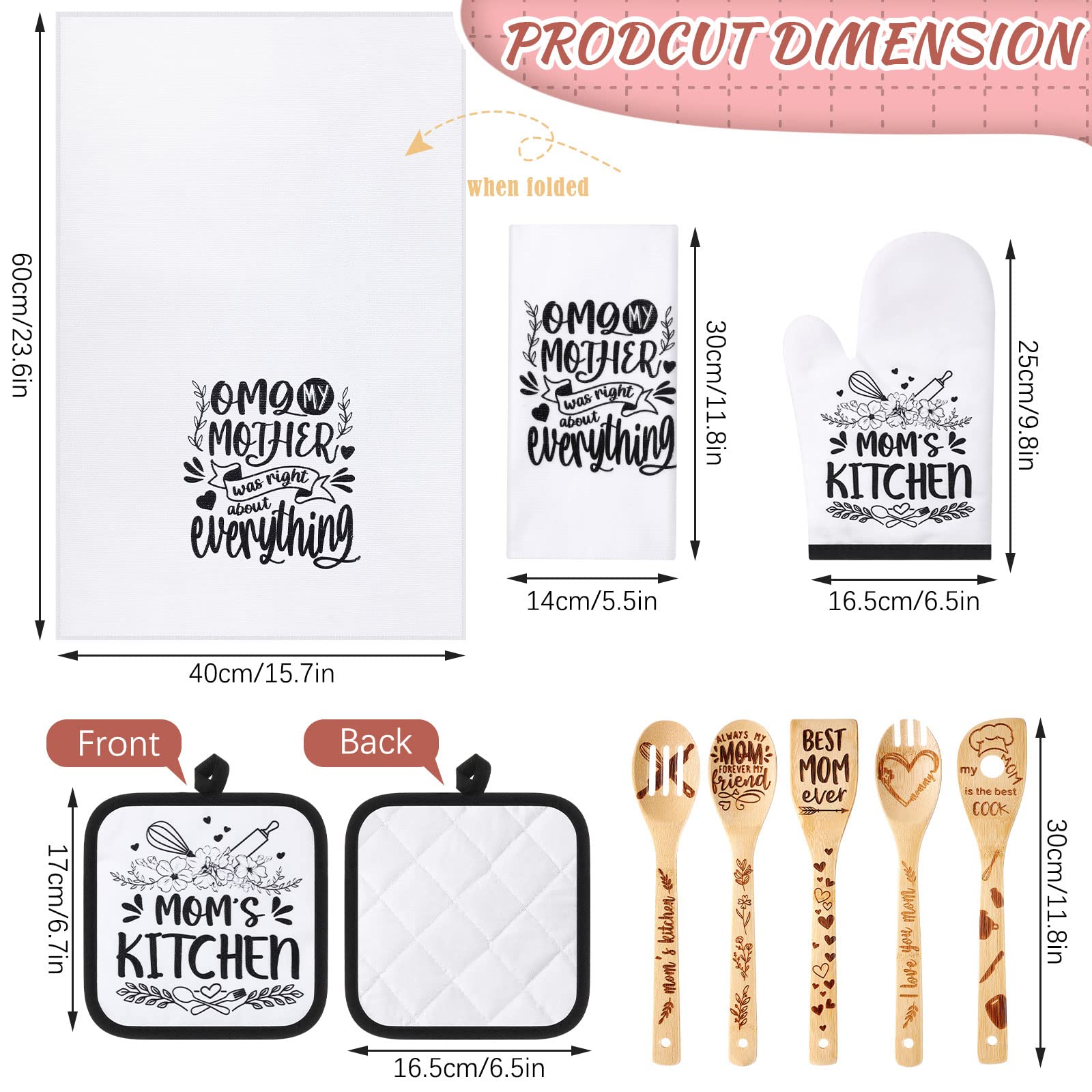 Vicenpal 10-Piece Mom Gift Set - Cotton Apron, Tea Towel, Bamboo Kitchen Utensils, Pot Holders & Oven Mitt - Perfect for Birthday, Christmas & Mother's Day - Ideal for Cooking, Baking & Home Decor