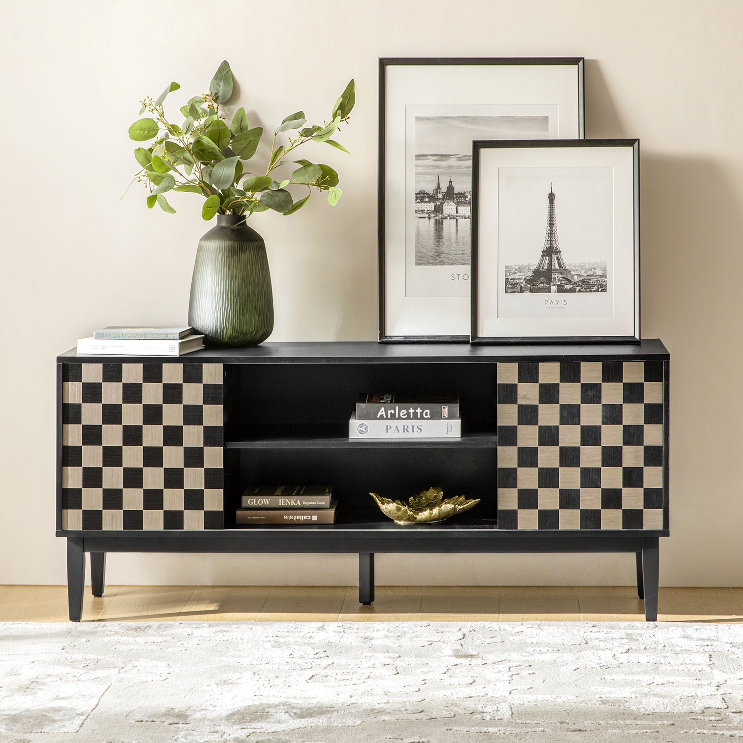 Regal 58-Inch Wide TV Stand with Reversible Checkered Game Board - Modern Entertainment Center for Living Room, Game Nights & Family Gatherings
