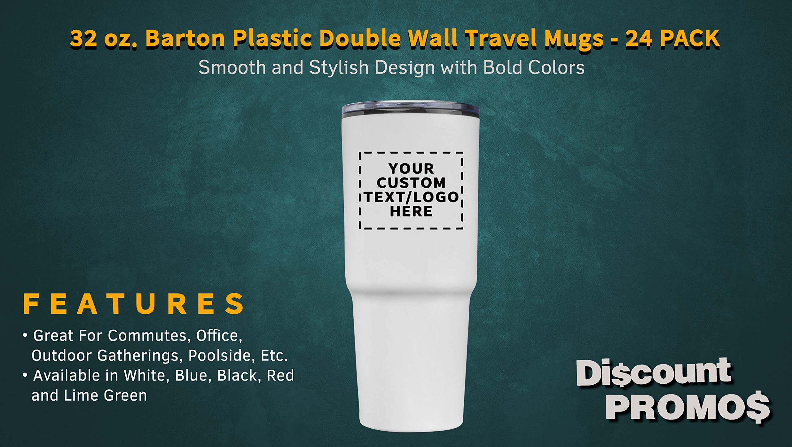 32 oz. Personalized Barton Plastic Double Wall Travel Mugs - 24 Pack with Custom Text & Logo - White - Perfect for Office, Events & Promotional Gifts