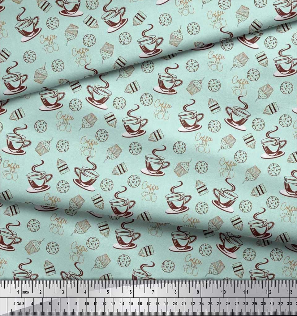 Soimoi Poly Georgette Green Fabric by The Yard - 42 Inch Wide - Coffee, Cookies & Cupcake Print Textile - Sweet Floral Pattern Fabric for Dresses, Curtains & DIY Crafts - Soft & Lightweight Material for Fashion & Home Decor