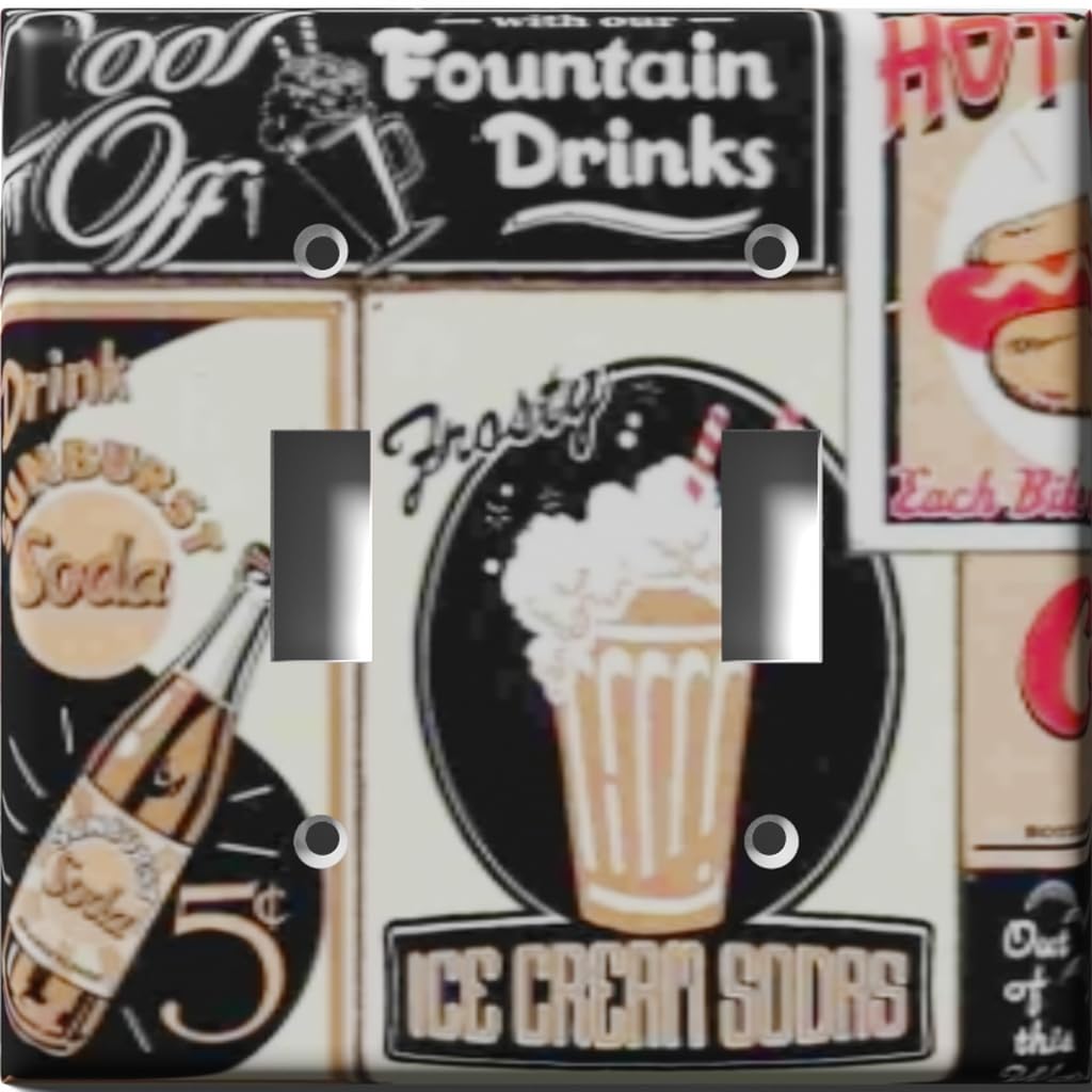 Vintage Soda Fountain Style Decorative Light Switch Cover - Double Toggle Wall Plate for Kitchen, Bar, or Retro Diner Decor