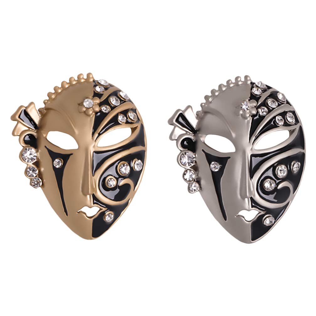 KESYOO 2-Piece Masquerade Mask Brooch Set - Crystal Costume Jewelry Pins for Women | Vintage Gold & Silver Accessories for Parties, Halloween, and Formal Events
