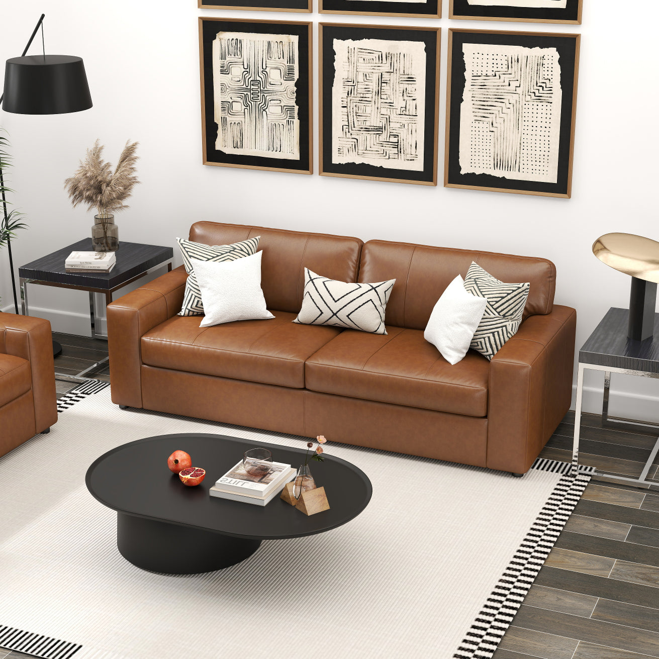 Roundhill Furniture Sakan Genuine Leather Upholstered Sofa - Modern Living Room Couch for Home, Office & Lounge Comfort
