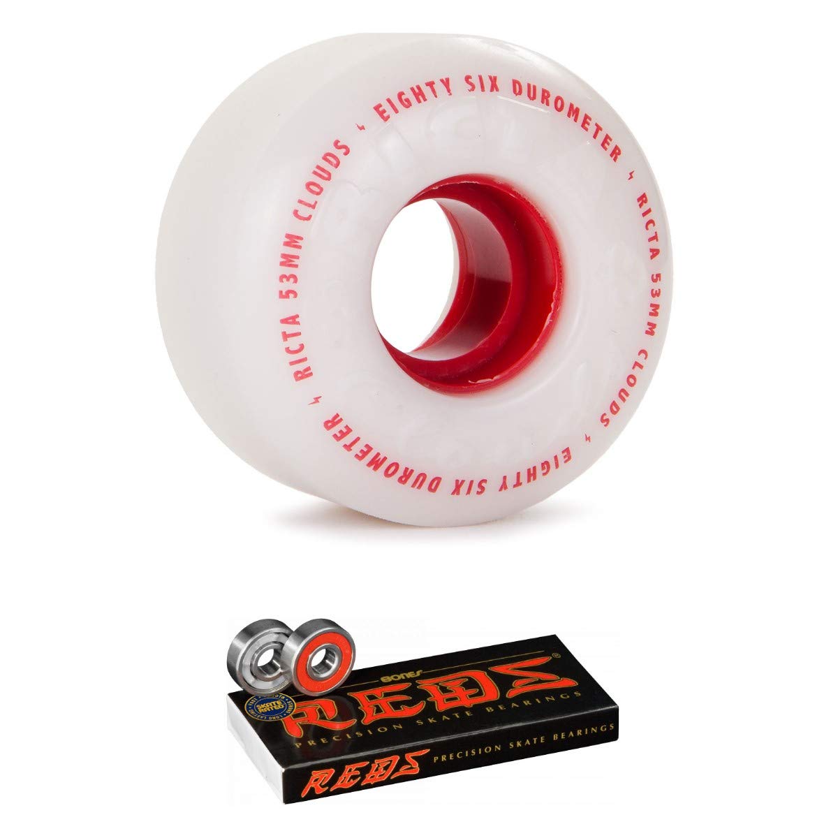 Ricta Clouds 86a 53mm Skateboard Wheels with Bones Reds Bearings - Red - Smooth Ride for Street & Park Skating - Perfect for Cruising, Tricks & Longboard Skateboards