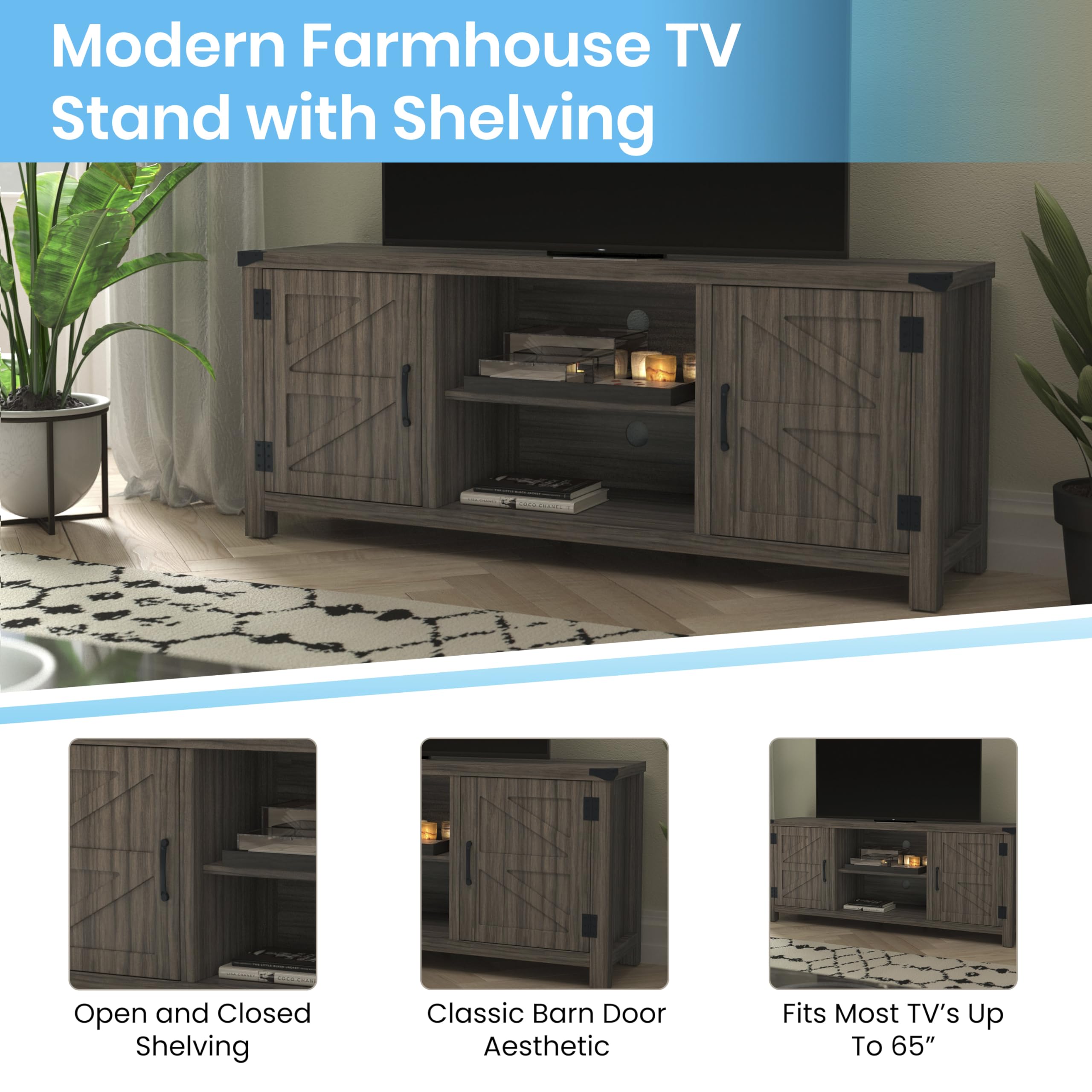 Modern Farmhouse Barn Door TV Stand - 59 Inch Gray Wash Entertainment Center for TVs up to 65 Inches - Adjustable Middle Shelf - Perfect for Living Room, Bedroom & Home Theater Setup