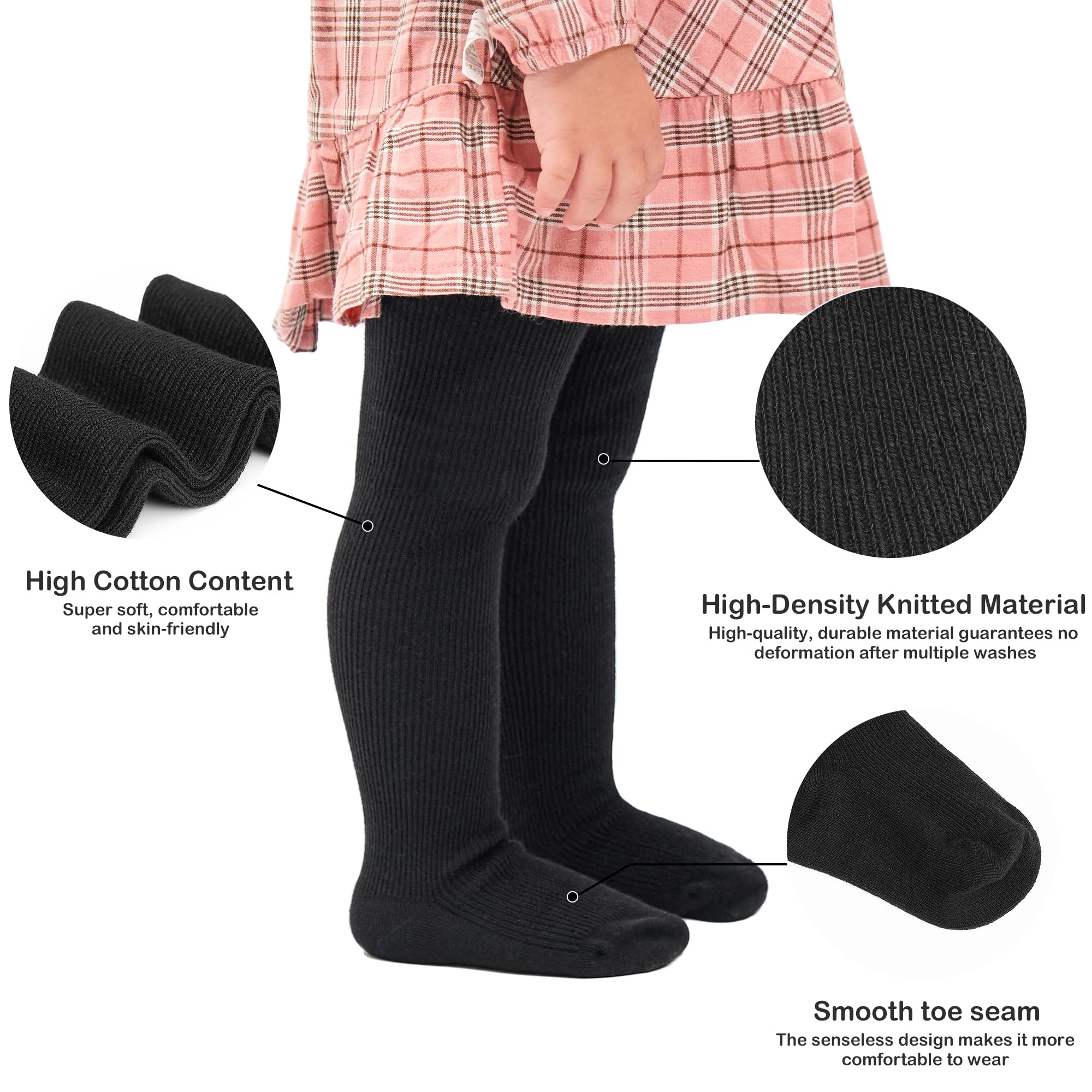 Stelle Toddler Girls Tights - Soft Seamless Knit Thick Cotton Leggings for Infants & Kids (6-7 Years) - Black, White & Grey - Perfect for Playtime, School & Winter Outfits