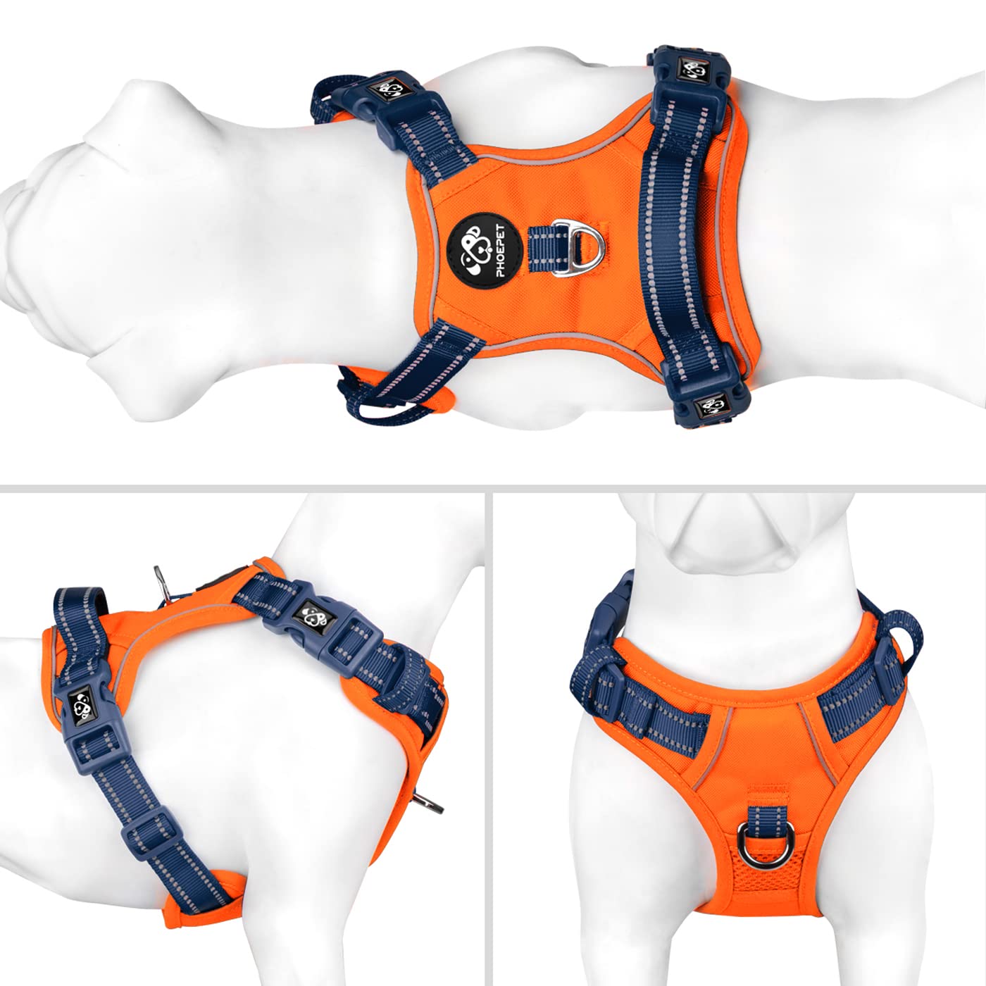 PHOEPET No Pull Reflective Adjustable Dog Harness with Soft Training Handle - Breathable Vest for Small Medium Large Dogs (Orange/Blue, Medium) | Perfect for Walking, Running & Outdoor Adventures