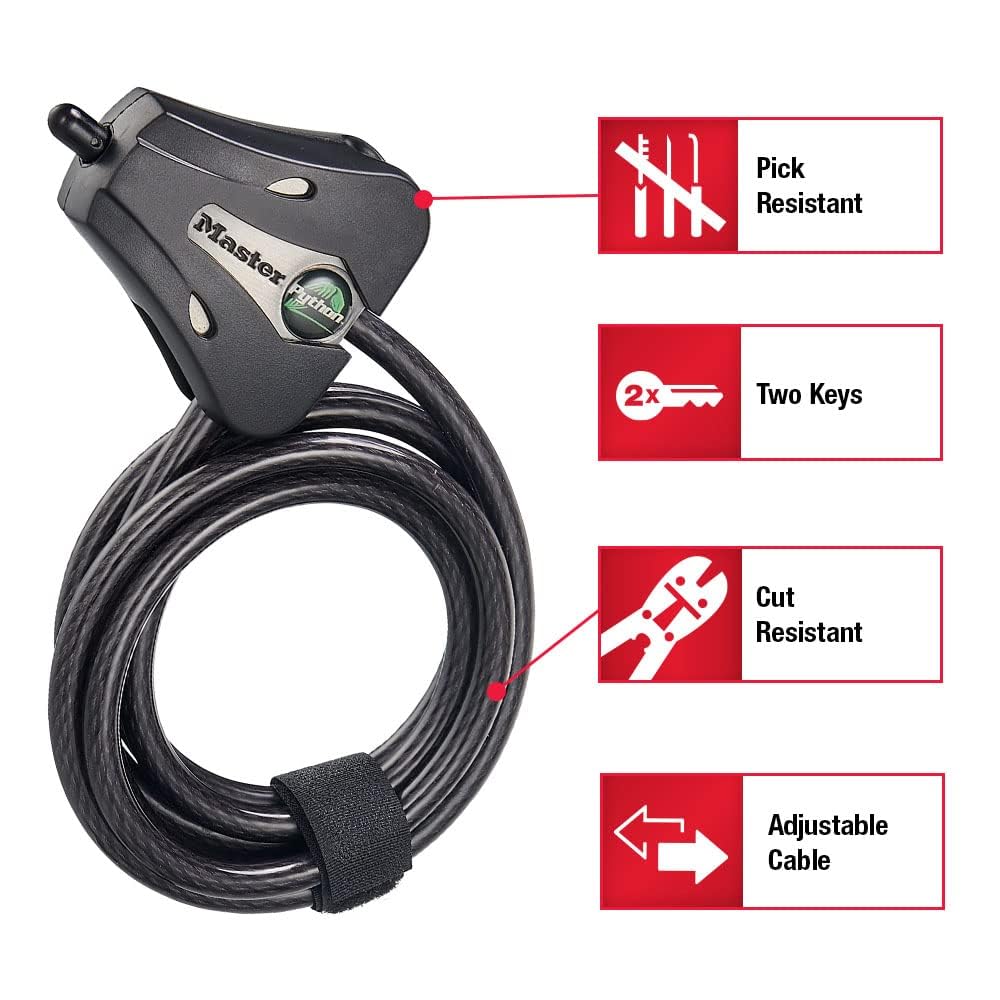 Master Lock Black Python Adjustable 6-Foot Bike Lock with Key - Weather-Resistant Vinyl Coated Metal Cable for Bicycles, Outdoor Equipment & Trail Cameras | Secure Your Bike, Sports Gear & Outdoor Valuables