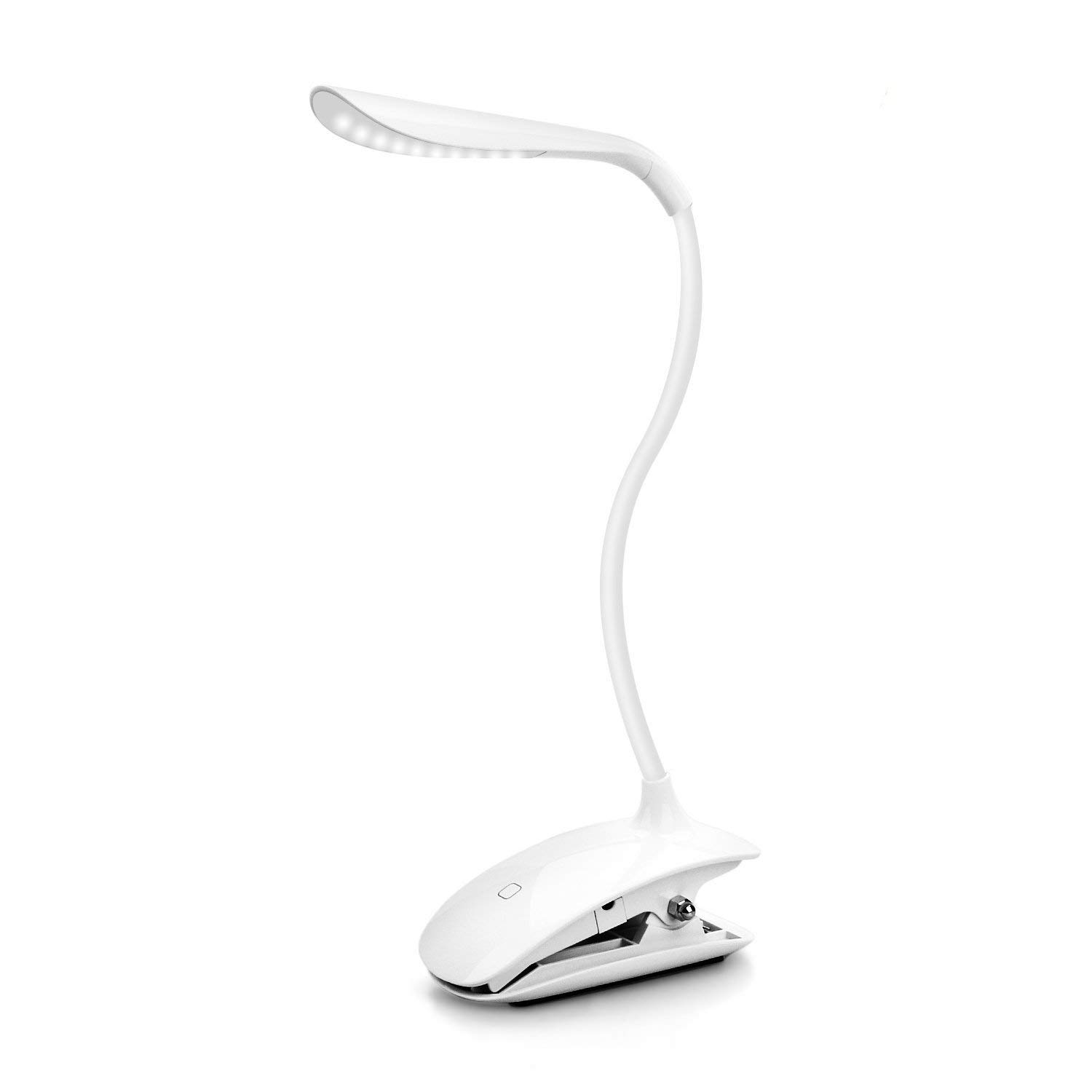 MUEQU LED Desk Lamp with USB Rechargeable & 3-Level Dimmer - Portable Flexible Clip Light for Bedside, Study, Reading & Travel - White Book Light for Home, Office & Dorm Use