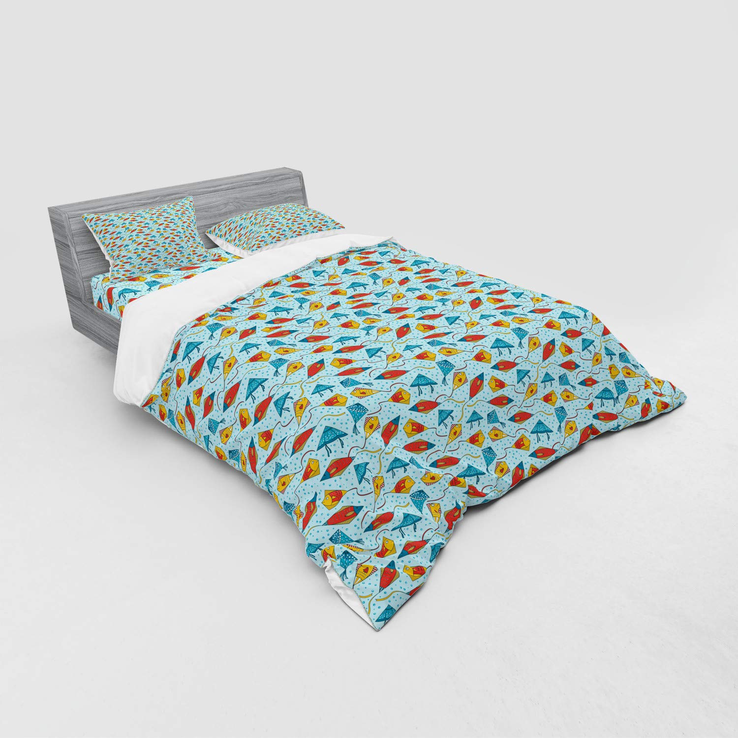 Ambesonne Fish Duvet Cover Set - Blue Aquatic Animal Kite Pattern with Bubble Design, 4-Piece Queen Size Bedding Set with Shams & Fitted Sheet - Perfect for Kids' Rooms, Beach Themed Decor, and Ocean Lovers' Bedrooms